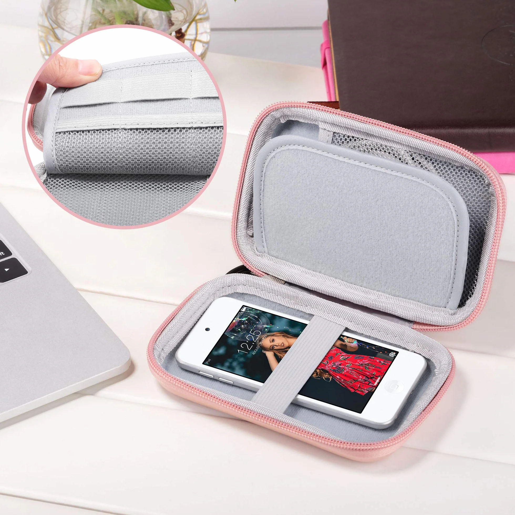 ULAK Organizer i ochrona etui do iPod Touch / Mp3 / Mp4 / słuchawki/klucz/kable USB /, nylonowe twarde etui ochronne z przenośnym karabinkiem przeciwwstrząsowym, różowe złoto