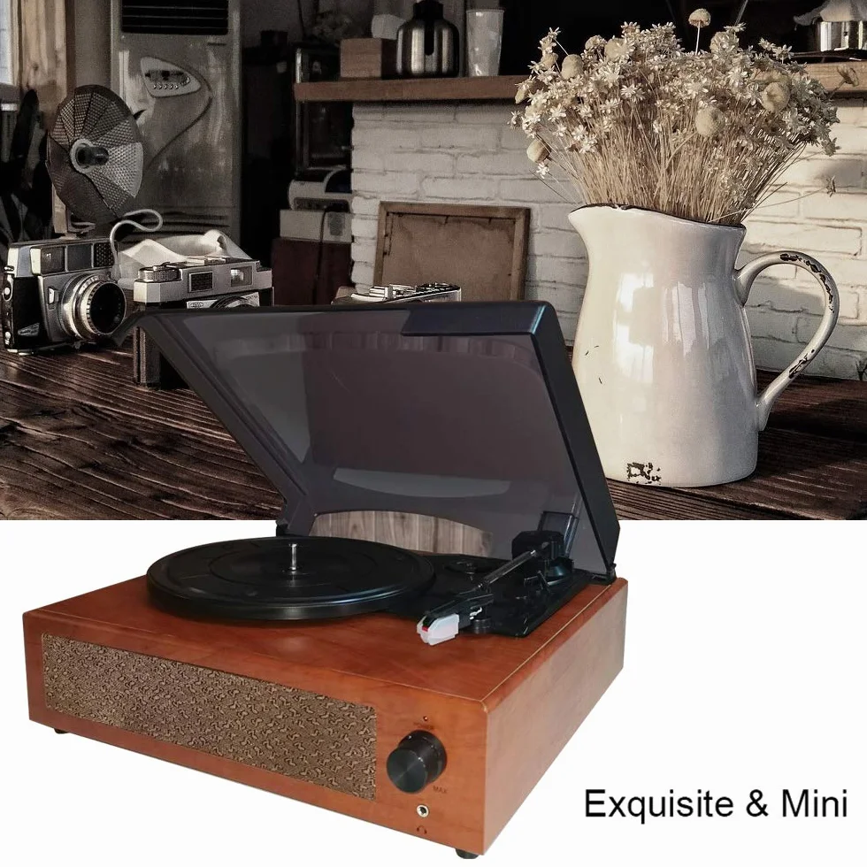 Domary Przenośny Gramofon Gramofon Drewniany z Wbudowanymi Głośnikami Stereo BT 5.0 3 Prędkości 33 45 78 Obr./min dla Początkujących Miłośników Muzyki w Domu