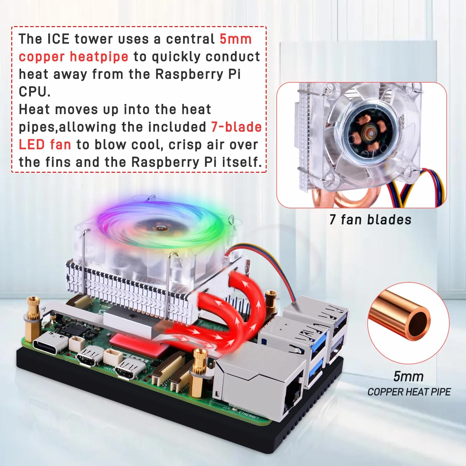 GeeekPi Ice Tower Cooler do Raspberry Pi 5, aluminiowy klimatyzator Pi 5 z wentylatorem chłodzącym do Raspberry Pi 5 4 GB/8 GB (Raspberry Pi 5 nie wchodzi w zakres dostawy), EP-0215