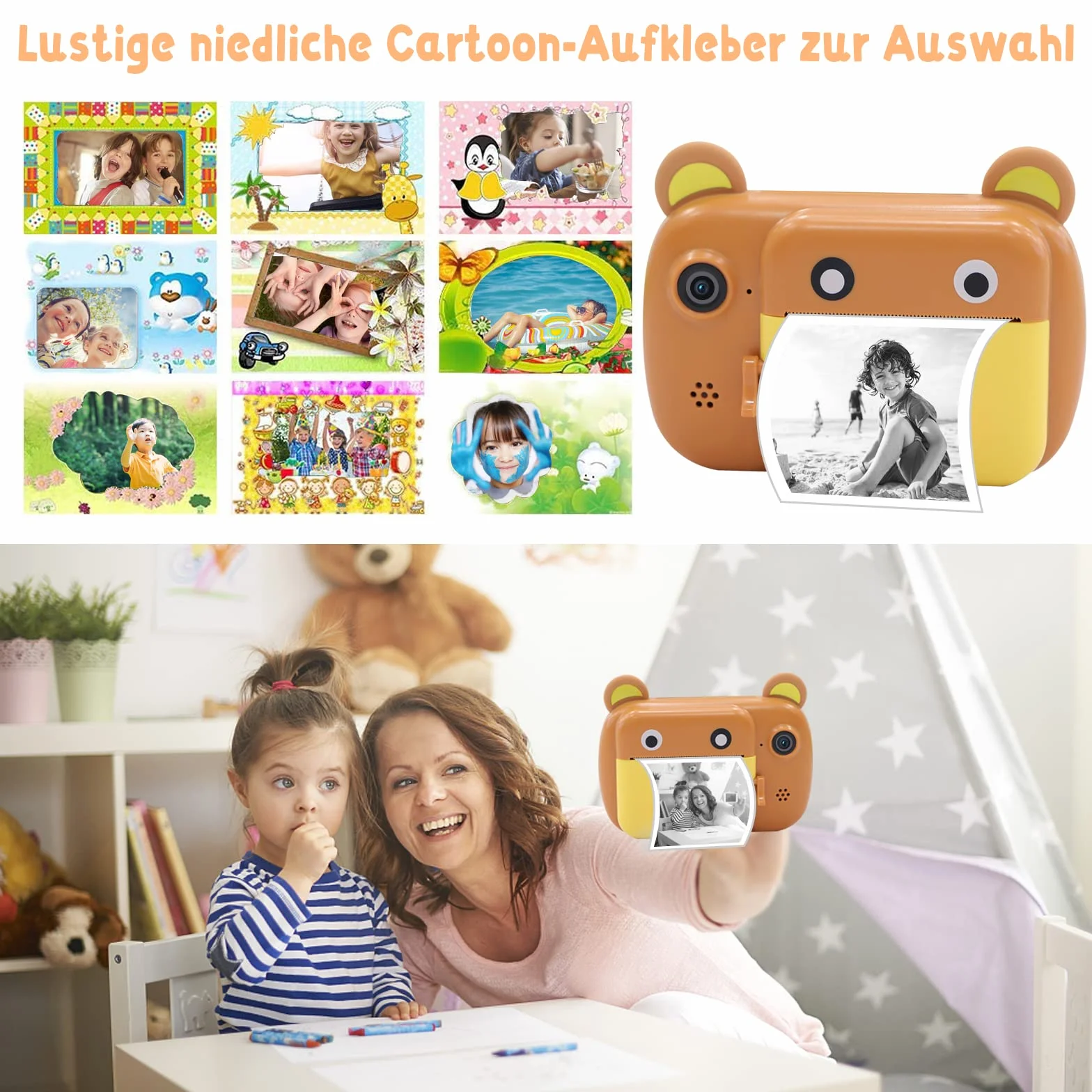 Aparat natychmiastowy dla dzieci, ekran LCD 6,1 cm, cyfrowy aparat dla dzieci, z 6-krotnym zoomem, podwójny obiektyw 24 MP, rejestrator wideo 1080p, prezent dla chłopców i dziewczynek (brązowy)