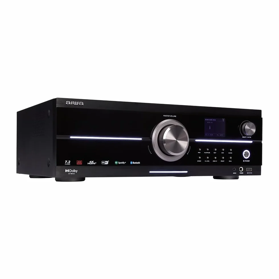 AIWA AVR-7210 7.2-kanałowy odbiornik audio i wideo z technologią Dolby Atmos, Spotify Streaming, AirPlay 2, Bluetooth 5.2 i UHD 4K Passthrough - 1155 W. Kolor: czarny