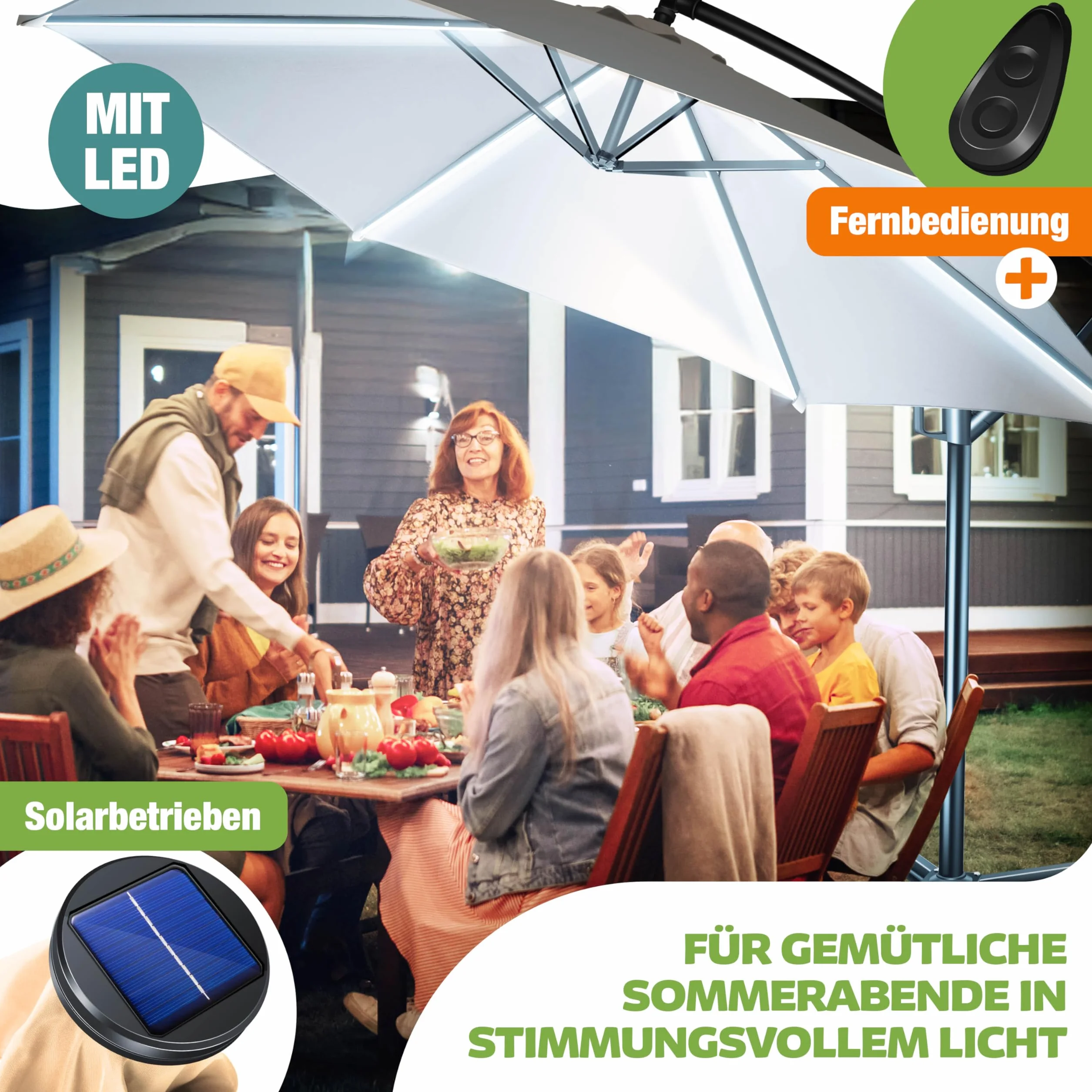 KESSER® Aluminiowy parasol przeciwsłoneczny LED solarny z pokrywą, pilot zdalnego sterowania i korbą, parasol korbowy ze stojakiem, funkcja 360°, ochrona przed promieniowaniem UV, aluminium, odporny