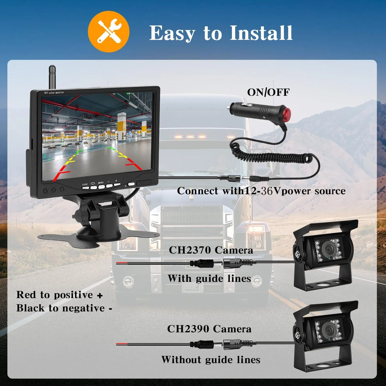 Inefala Zestaw cyfrowych bezprzewodowych kamer cofania z 7-calowym HD 1080P monitorem i 2 kamerami cofania, bezprzewodowa kamera cofania z funkcją radiową z wodoodpornością IP68, widzenie w nocy dla