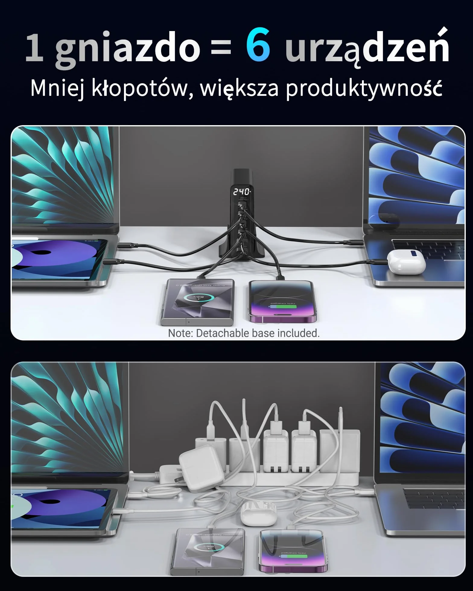 Ładowarka USB C 240W, 6 portów, Ładowarka PD3.1 GaN z wyświetlaczem LED, Stacja Szybkiego Ładowania na Biurko do MacBook Pro/Air, do iPhone Pro/iPad Pro/Dell XPS/Galaxy/laptopów i innych, Czarna