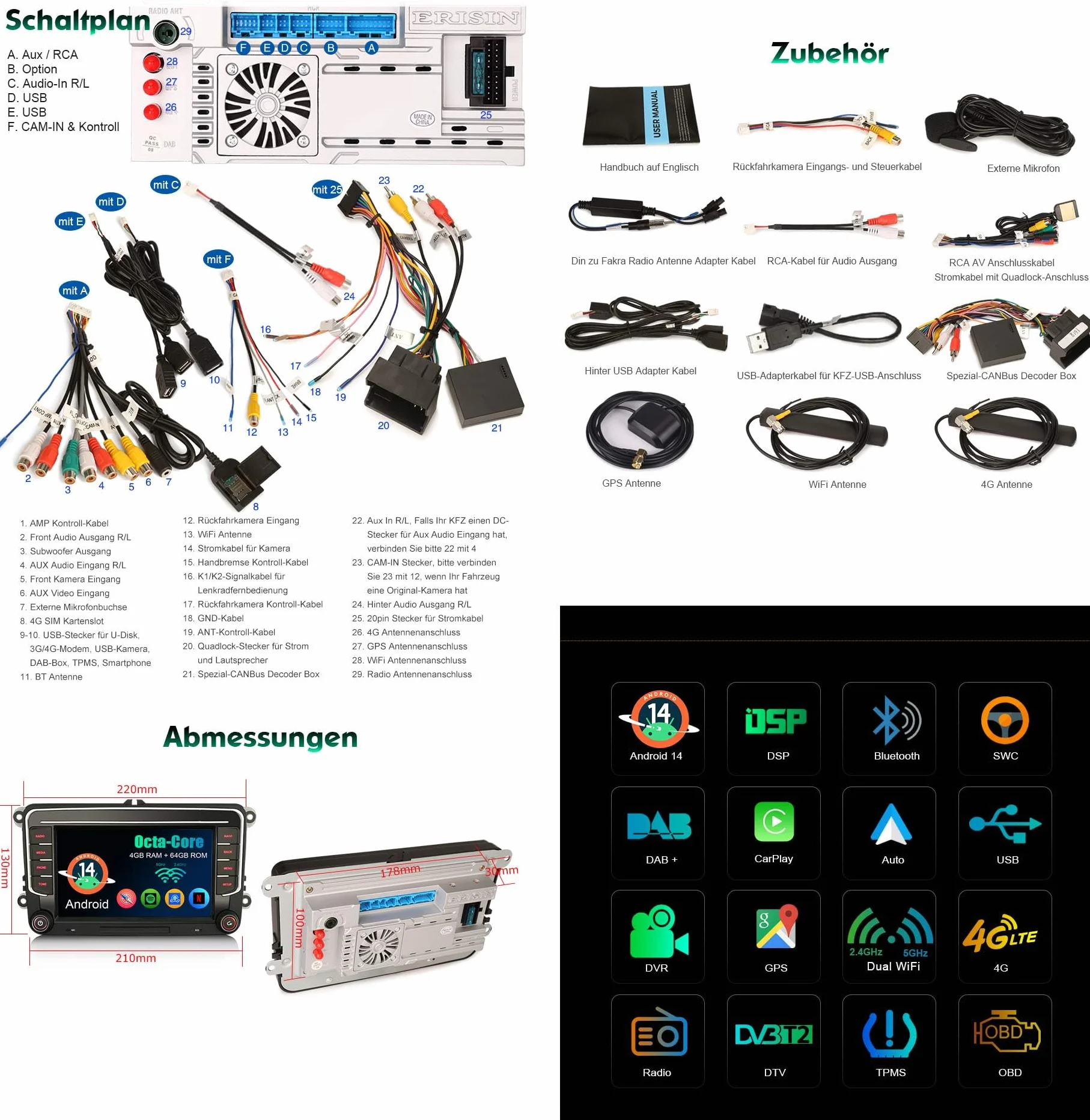 Android 14 4 GB + 64 GB 8-rdzeniowe radio samochodowe GPS nawigacja do VW Crafter Amarok, Caddy, Polo ŠKODA Yeti Transporter T6, 7 cali, ekran dotykowy, obsługuje CarPlay Android Auto DAB+ WiFi 4G FM