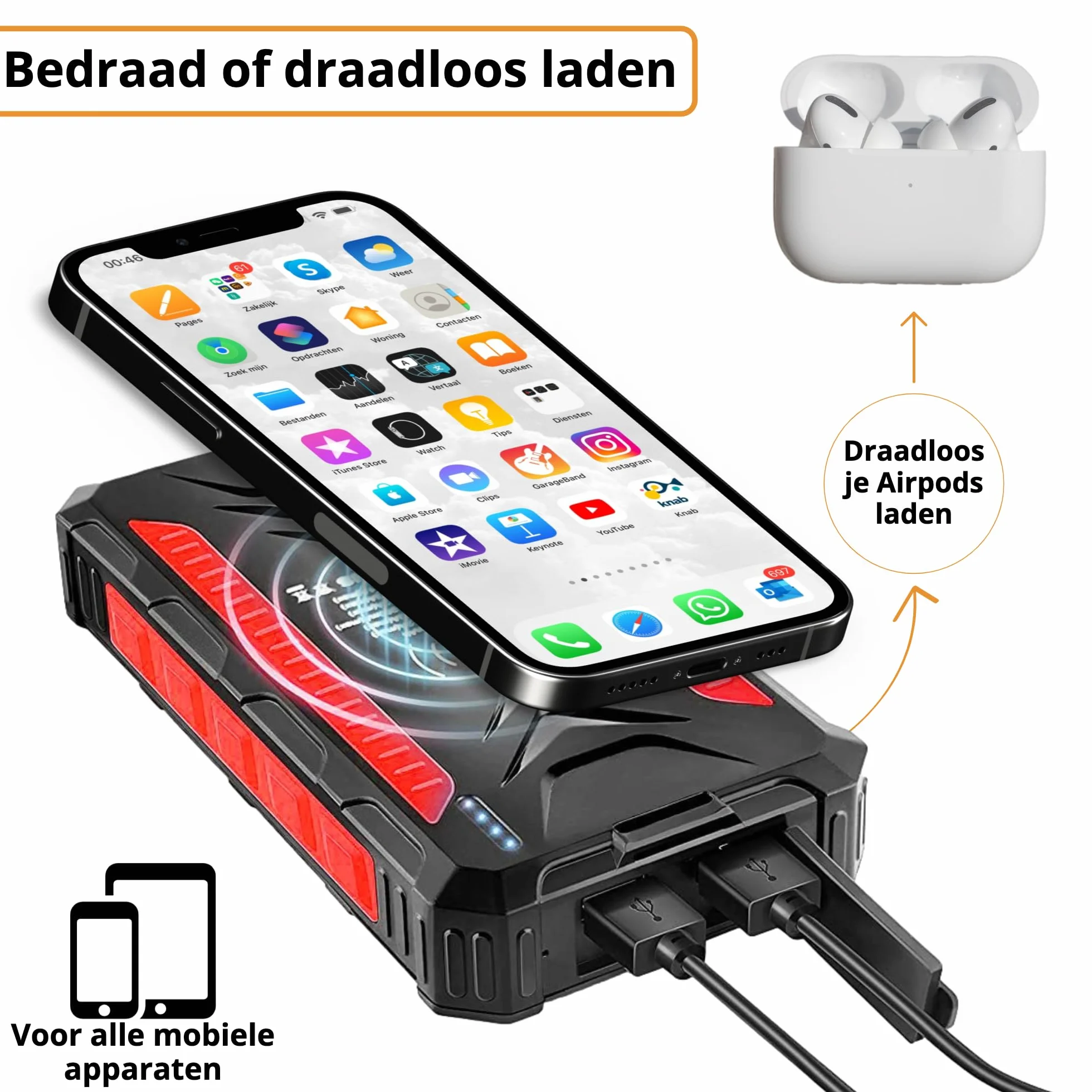 Solar Powerbank 36000 mAh bezprzewodowa ładowarka - Powerbank Solar - USB & USB-C - czerwona