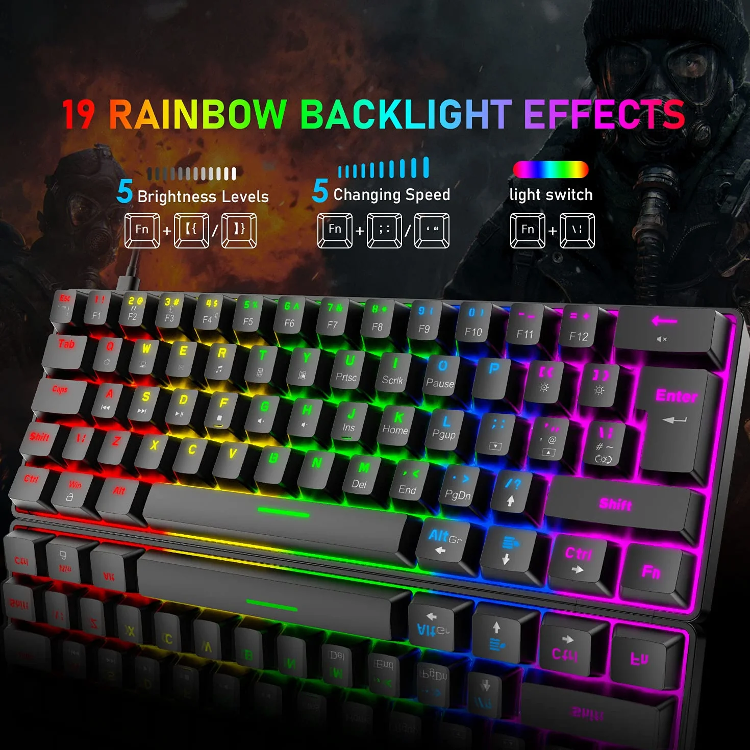 T60 Przewodowa Klawiatura i Mysz do Gier, Mini 60% kompaktowa Klawiatura Mechaniczna z 62 Keys, 19 Tęczowe światło LED, UK Layout + Mysz do Gier PS4 6400 DPI + Podkładka pod mysz - Red Switch/Czarny