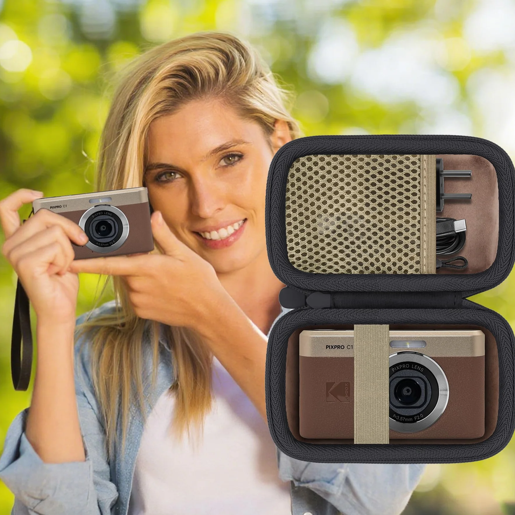 Khanka do Kodak PIXPRO C1 - Twarde etui podróżne do ultrakompaktowego aparatu cyfrowego z uchwytem do przenoszenia, tylko etui, Brązowy brązowy, 882 cc