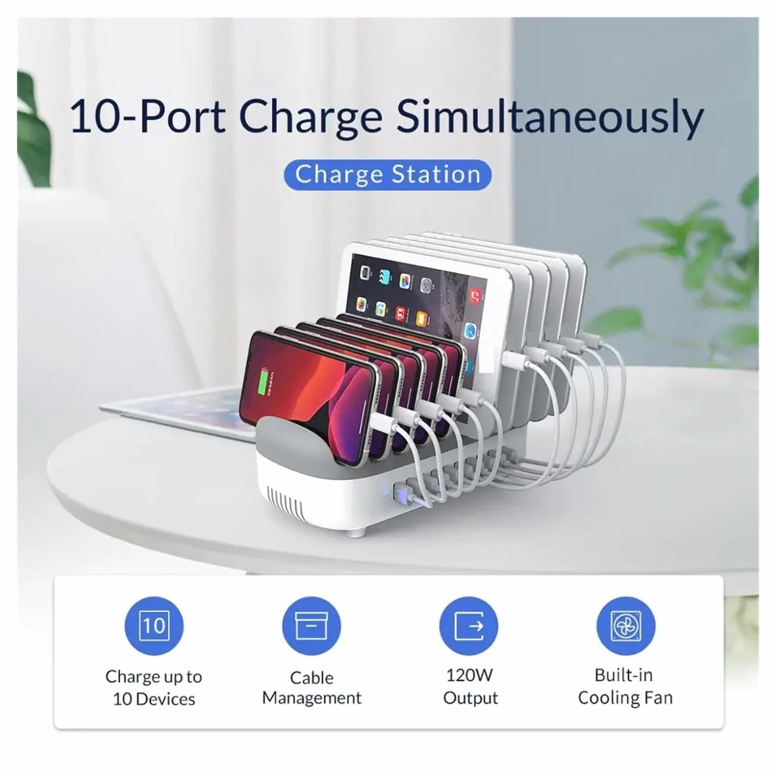 Wieloportowa Stacja Ładująca USB Dokująca PD120W 5 V 2,4 A Szybka Ładowarka Do Tabletu Office Bar MożLiwość Szybkiego łAdowania(White With Cable)