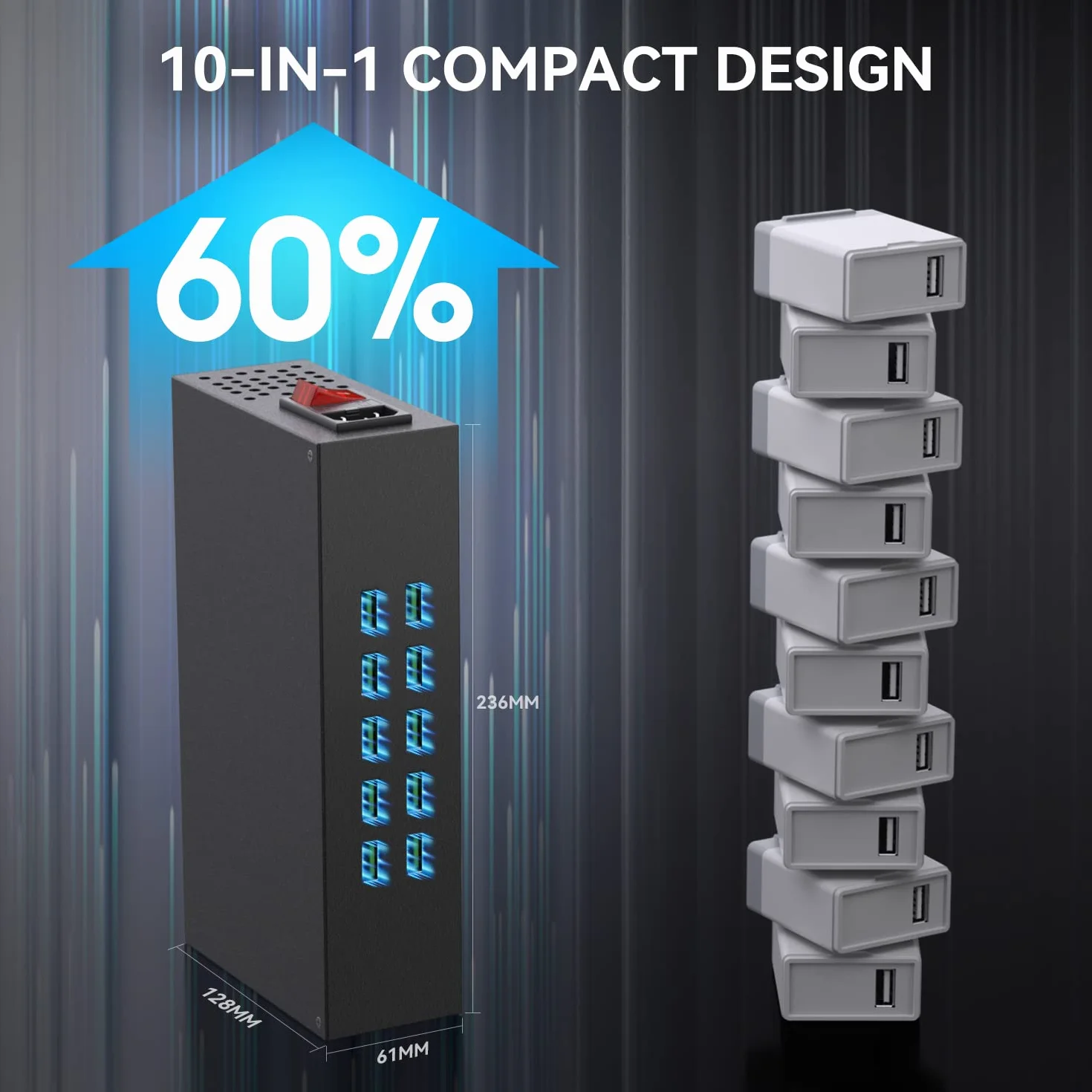 Stacja ładująca do wielu urządzeń, 10-portowa stacja ładująca USB 200W/20A, koncentrator ładowania USB 10 w 1, wiele stacji ładujących USB do iPhone'a, iPada, Samsung, tabletów