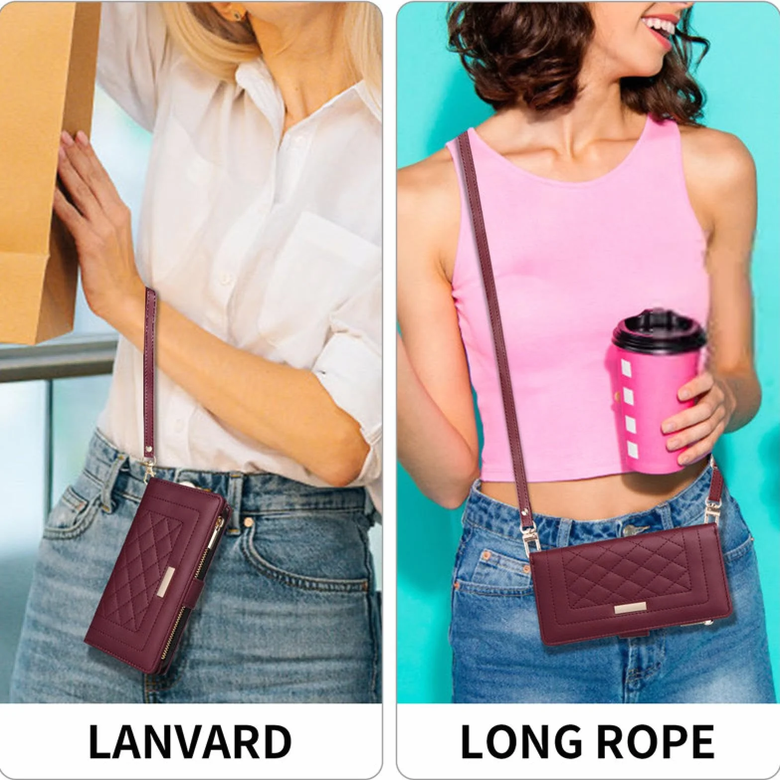 Do iPhone'a 16 Pro Max Crossbody Skórzany Portfel Zapinany Na Zamek Etui na Karty Telefony Smycz Klapka (Do iPhone'a 16 Pro Max/Czerwony)