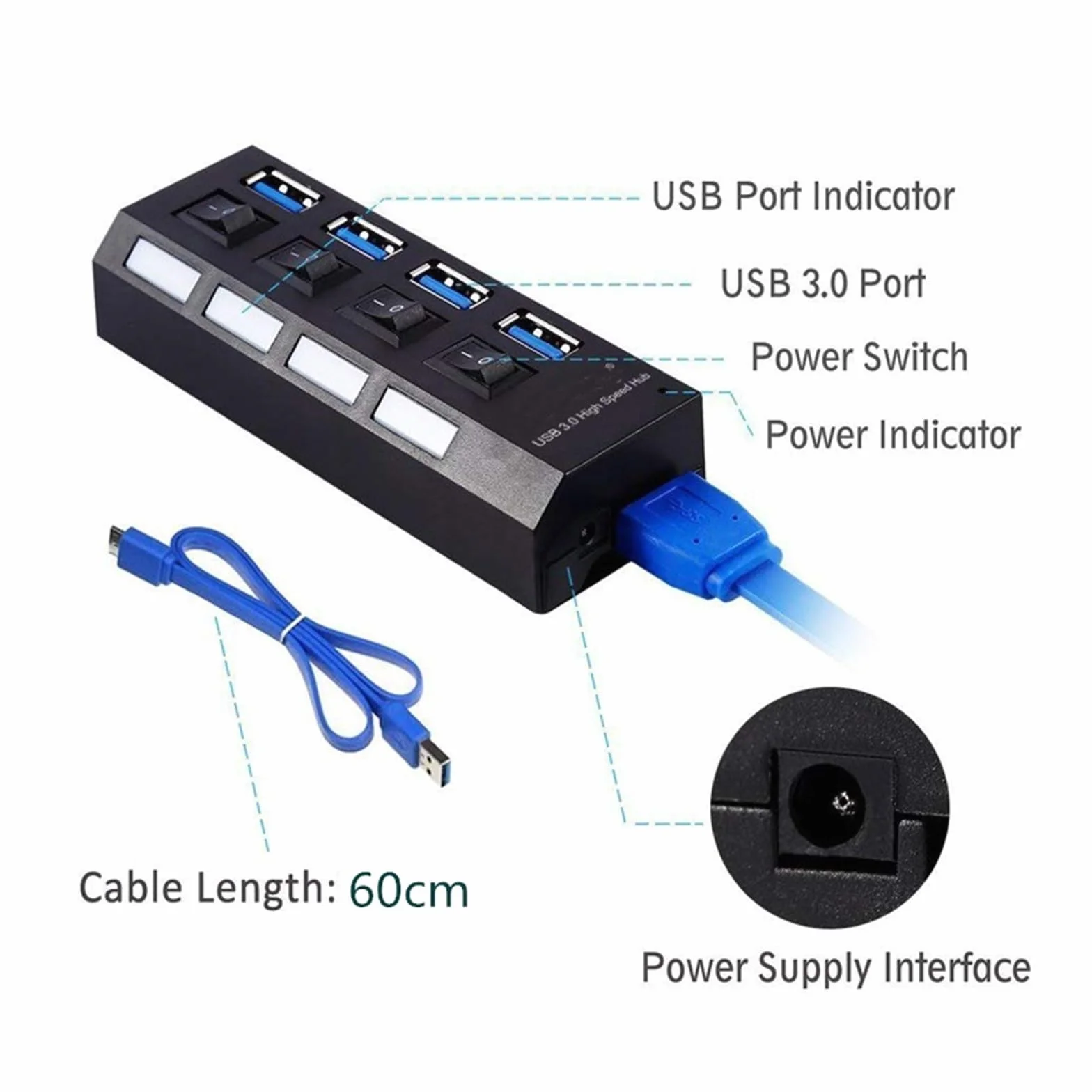 HUB USB 2.0/3.0 Multi 4 7 Port Z Zasilaczem Do Komputera PC Akcesoria Laptopa Splitter Usb Multiple Hab MożLiwość Szybkiego łAdowania(3.0 4 Port Black)