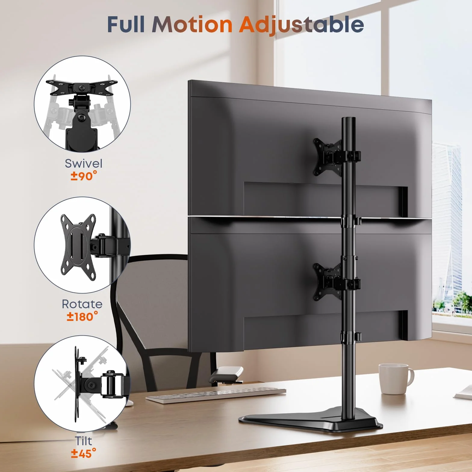 PUTORSEN Wolnostojący pionowy regulowany podwójny monitor uchwyt, podwójny monitor 13"-34" (pręt o wysokości 81,5 cm), kompatybilny z VESA 75100, maksymalna waga 9 kg
