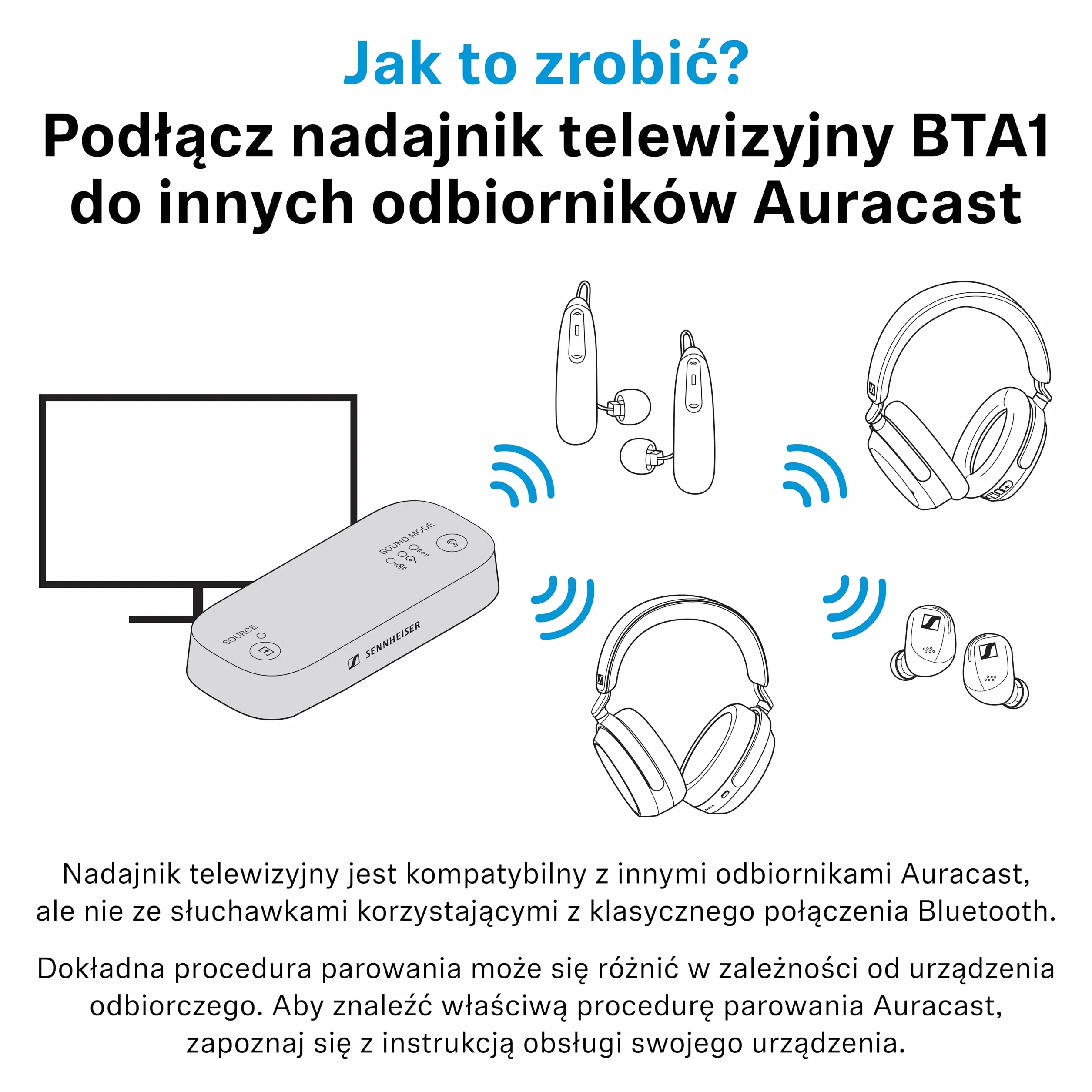 Sennheiser RS 255 Słuchawki Telewizyjne, Zestaw Słuchawek Bluetooth z Nadajnikiem, Bezprzewodowe o Niskich Opóźnieniach z Wirtualnym Dźwiękiem Przestrzennym, do 50 h Pracy na Baterii
