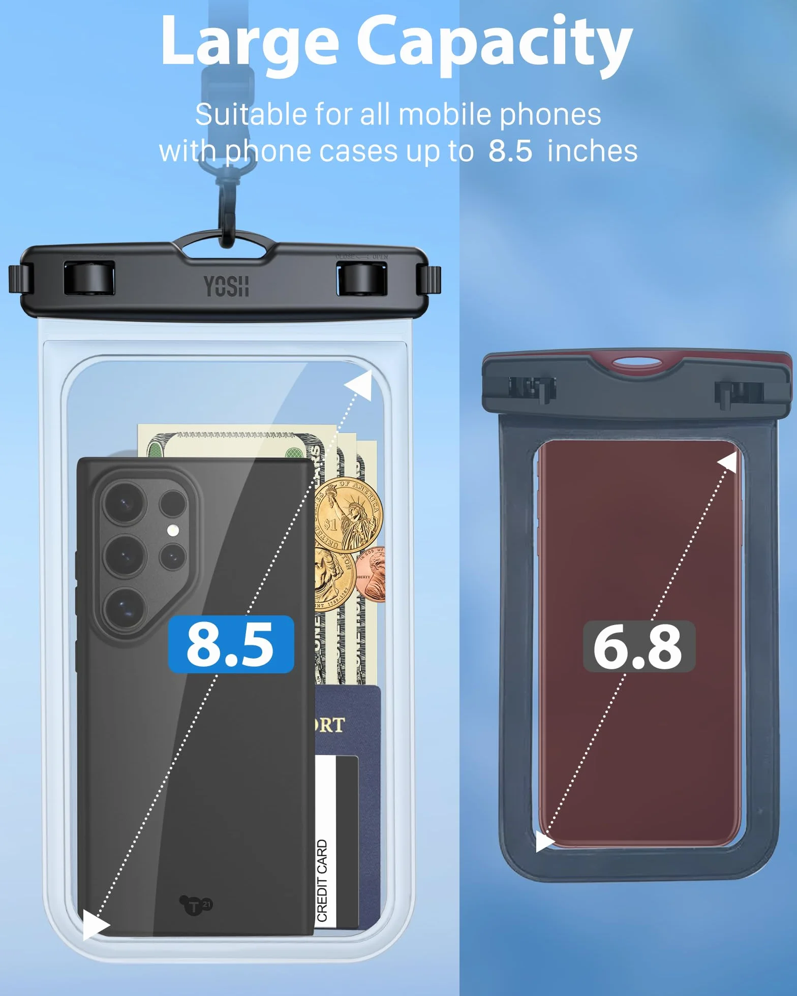 YOSH Wodoodporne etui na telefon dla dużych telefonów o przekątnej do 21.6 cm, wodoodporne etui na telefon IPX8 do pływania łodzią Paddleboarding SUP, wodoodporna torba na Samsung S25, S24, S23, Ultra