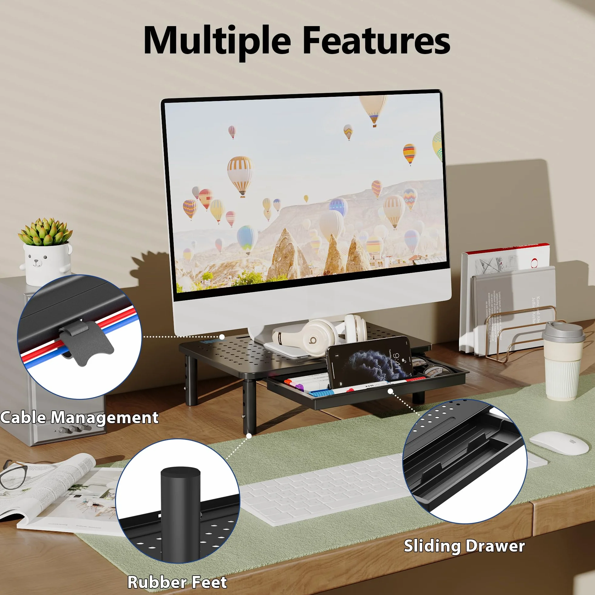 BONTEC Stojak na monitor z szufladą, 3 regulowane na wysokość, do monitora, laptopa, komputera, iMac, drukarki do 20 kg, w zestawie opaski kablowe