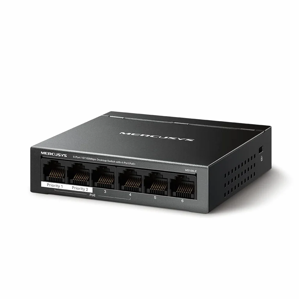 MERCUSYS MS106LP TP-Link Switch PoE 6 portów Ethernet, 40 W dla wszystkich portów PoE, 4 porty PoE+ 30W 802.3af/at, przełącznik Ethernet, przełącznik RJ45, metalowa obudowa, listwa zasilająca