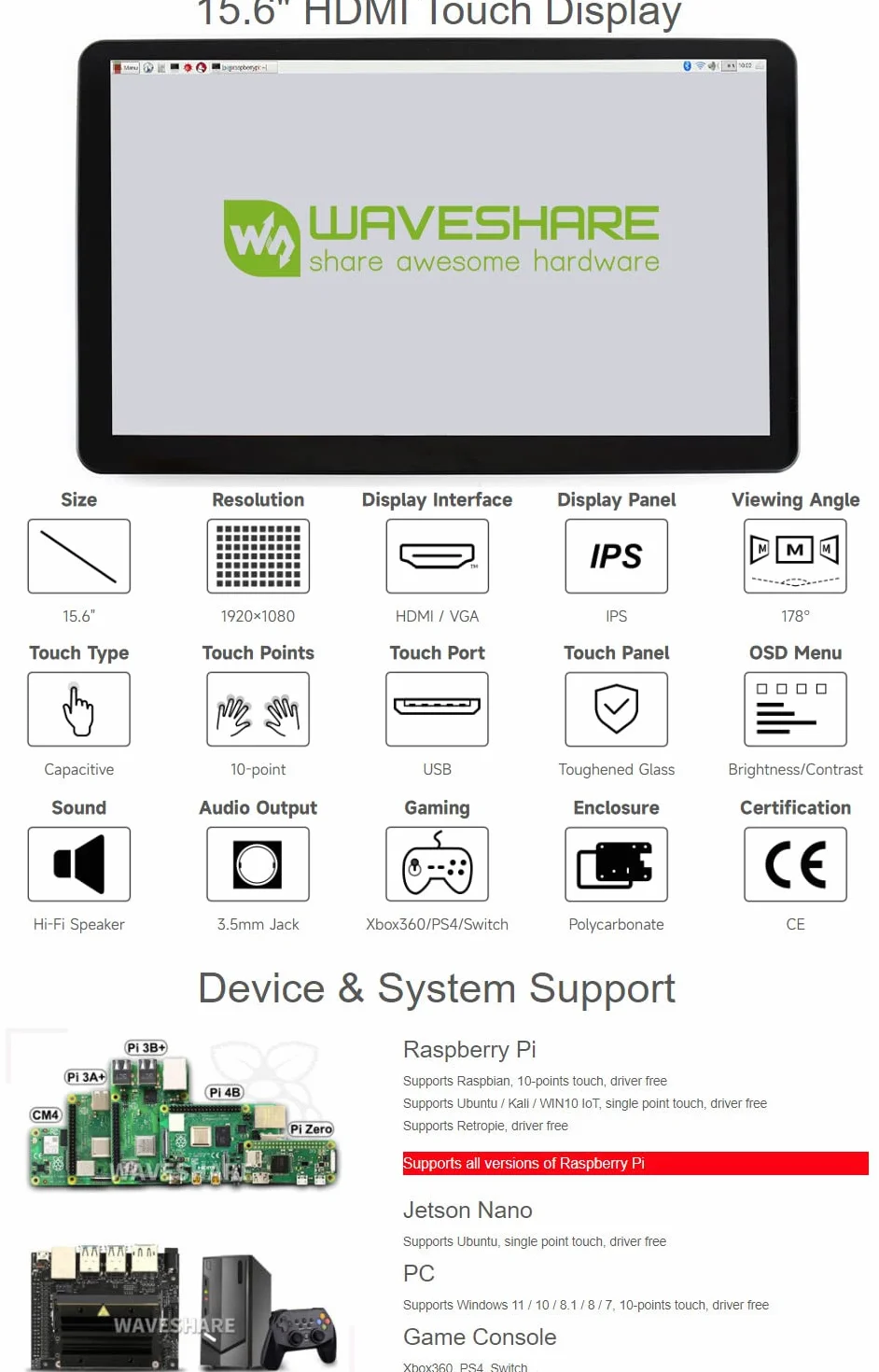 Waveshare HDMI pojemnościowy ekran dotykowy IPS LCD typ H z etui 15,6 cala obsługa Raspberry Pi/Jetson Nano/PC
