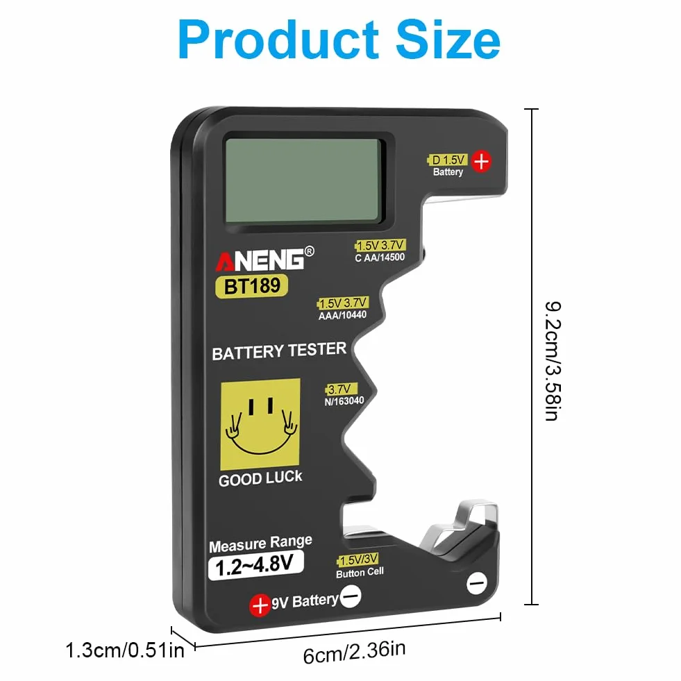 AXFEE Cyfrowy tester baterii, uniwersalny tester baterii, uniwersalny wyświetlacz LCD do sprawdzania baterii, przenośna pojemność baterii do AA AAA C D N 10440 16340 9V 1,5 V przycisk baterii