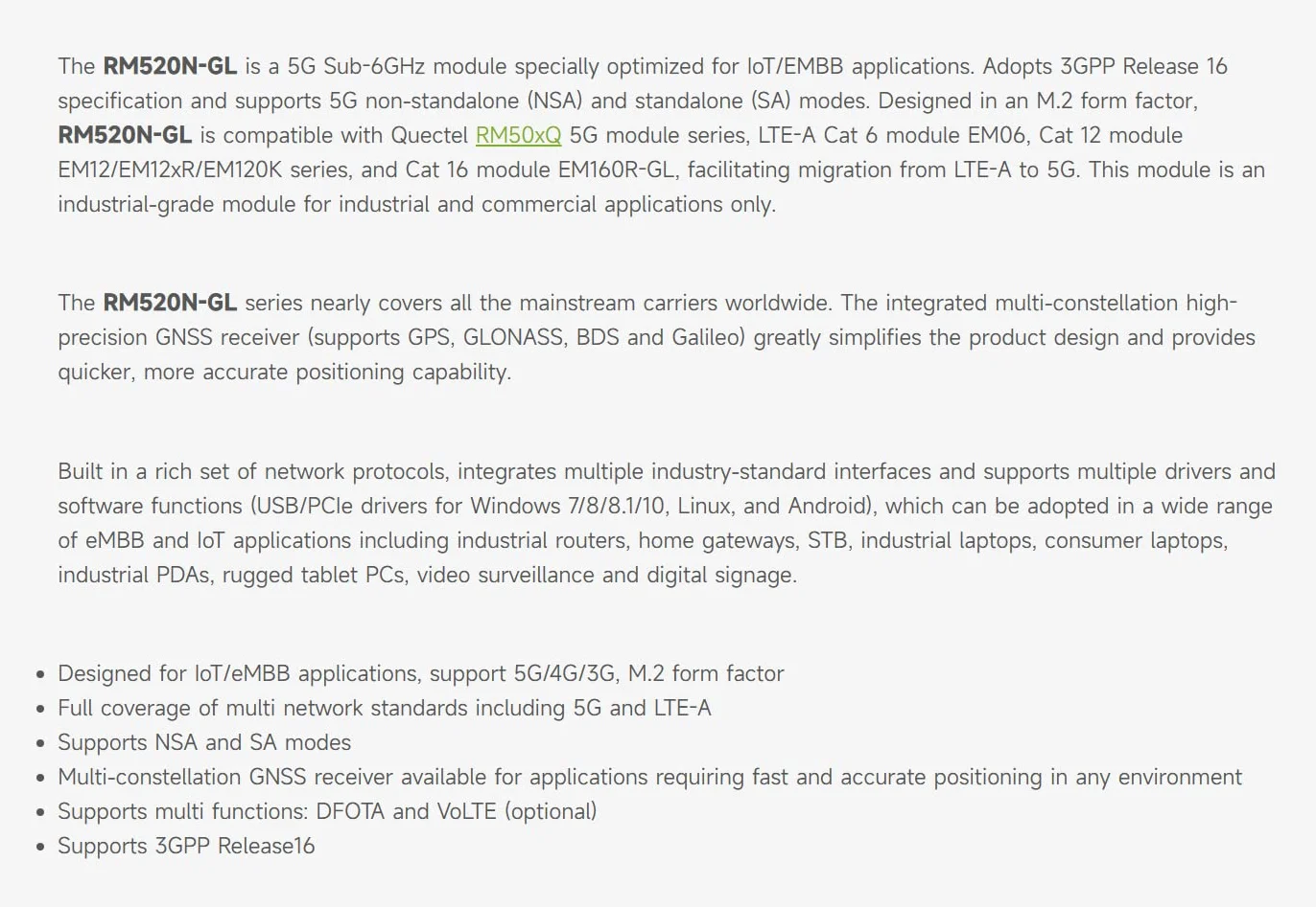 Waveshare Quectel RM520N-GL IoT 5G Global Band Module,Designed for IoT/eMBB Applications,M.2 Form Factor Sub-6G Module