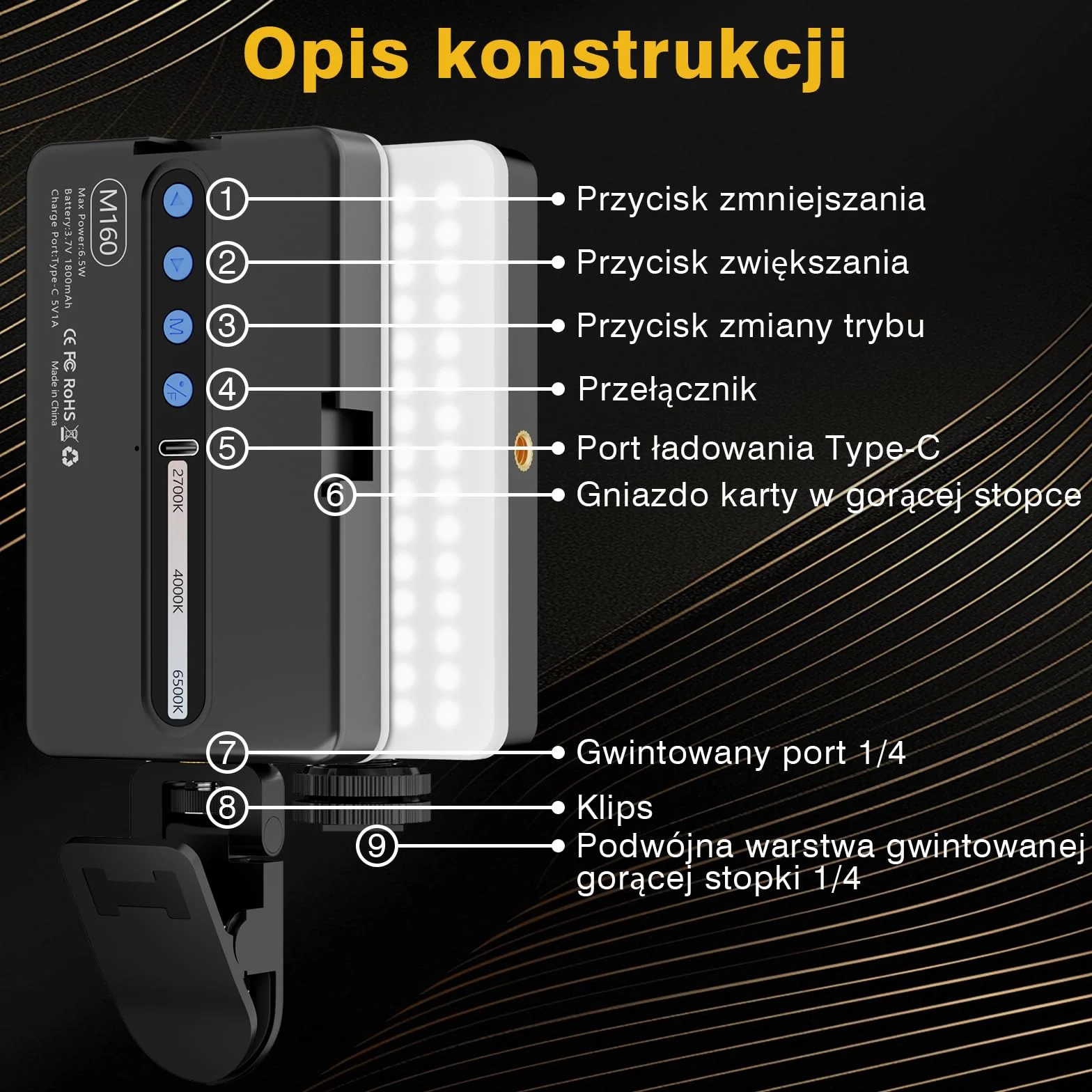90 LED Przenośne światło Wypełniające z 3 Trybami świecenia i 10 Poziomami Jasności, CRI 95+ Akumulatorowe światło do Selfie o Mocy 1800mAh z Klipsem, do Telefonu, Laptopa, Aparatu