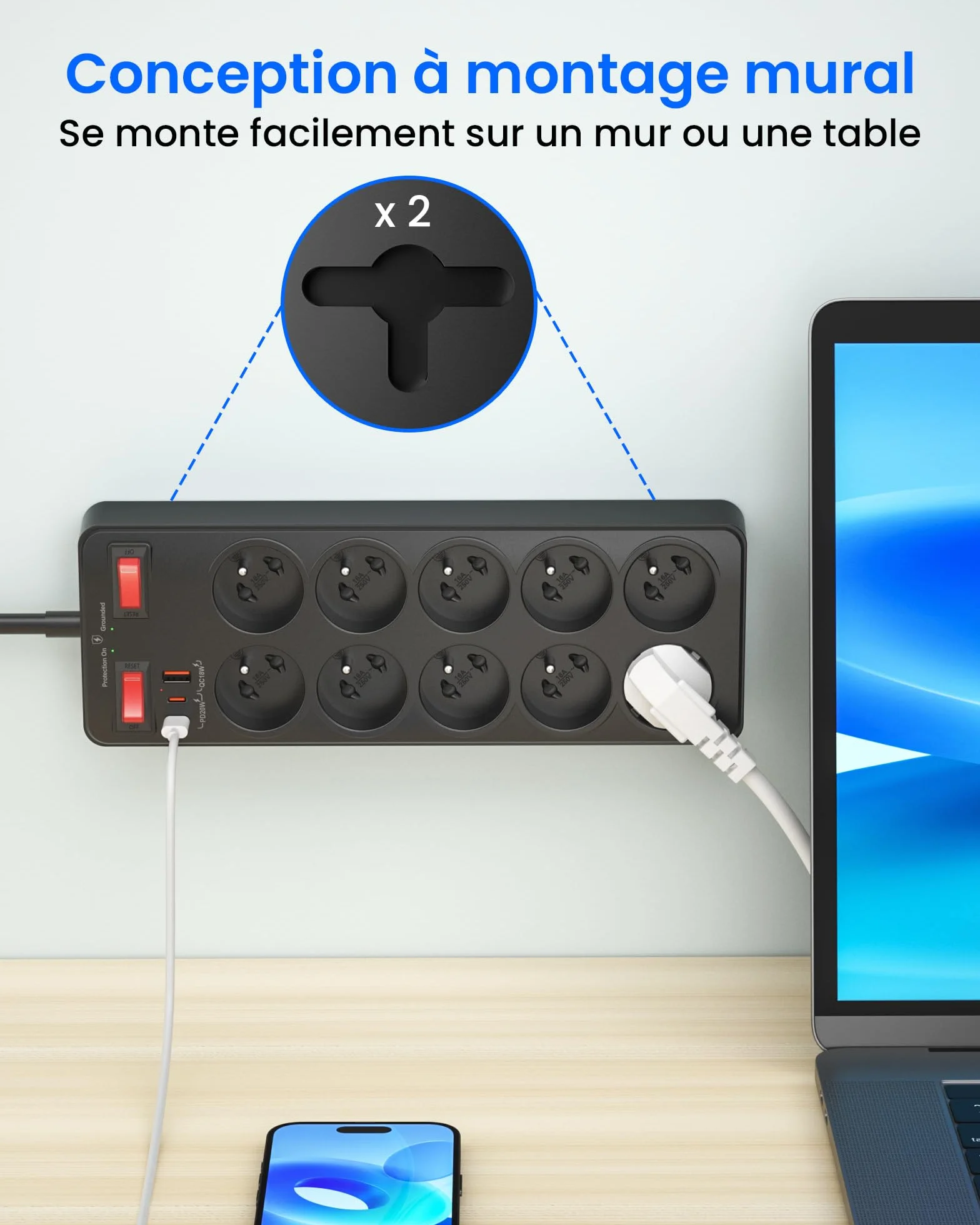 Listwa Zasilająca Przeciwprzepięciowa, Polskie 10 Gniazda z Masą 16A 2P+T | Listwa Zasilająca USB C z Wyłącznikami, Wielokrotne Gniazdo Wtyczka Schuko Typu E, Elektryczne Przedłużacz 2 M Kabel, Czarny