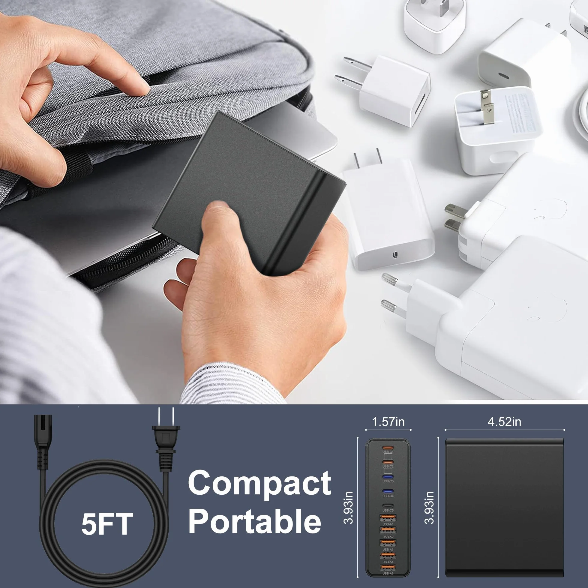 Blok ładujący USB C 800 W, 10-portowa stacja ładująca GaN typu C, adapter ładowarki ściennej USB A do MacBooka Pro/Air, iPhone, iPad, Dell XPS, Samsung Galaxy (czarny błyszczący)