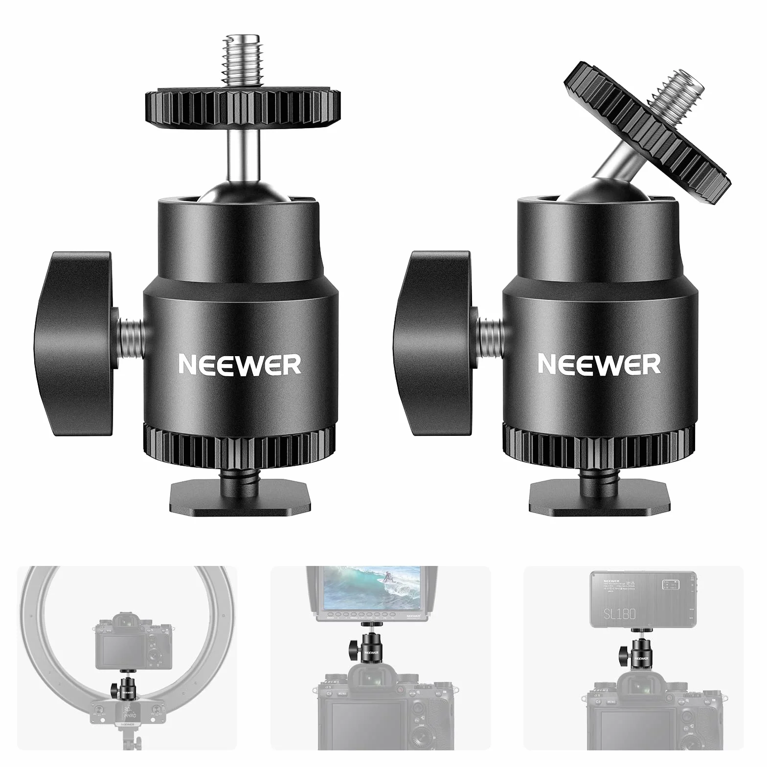 Neewer ST17 ST17 zestaw 2 uchwytów do lampy błyskowej 1/4" z dodatkową śrubą 1/4", mini adapter z głowicą kulową do aparatów, kamkorderów, smartfonów, lamp wideo, mikrofonów, światła pierścieniowego