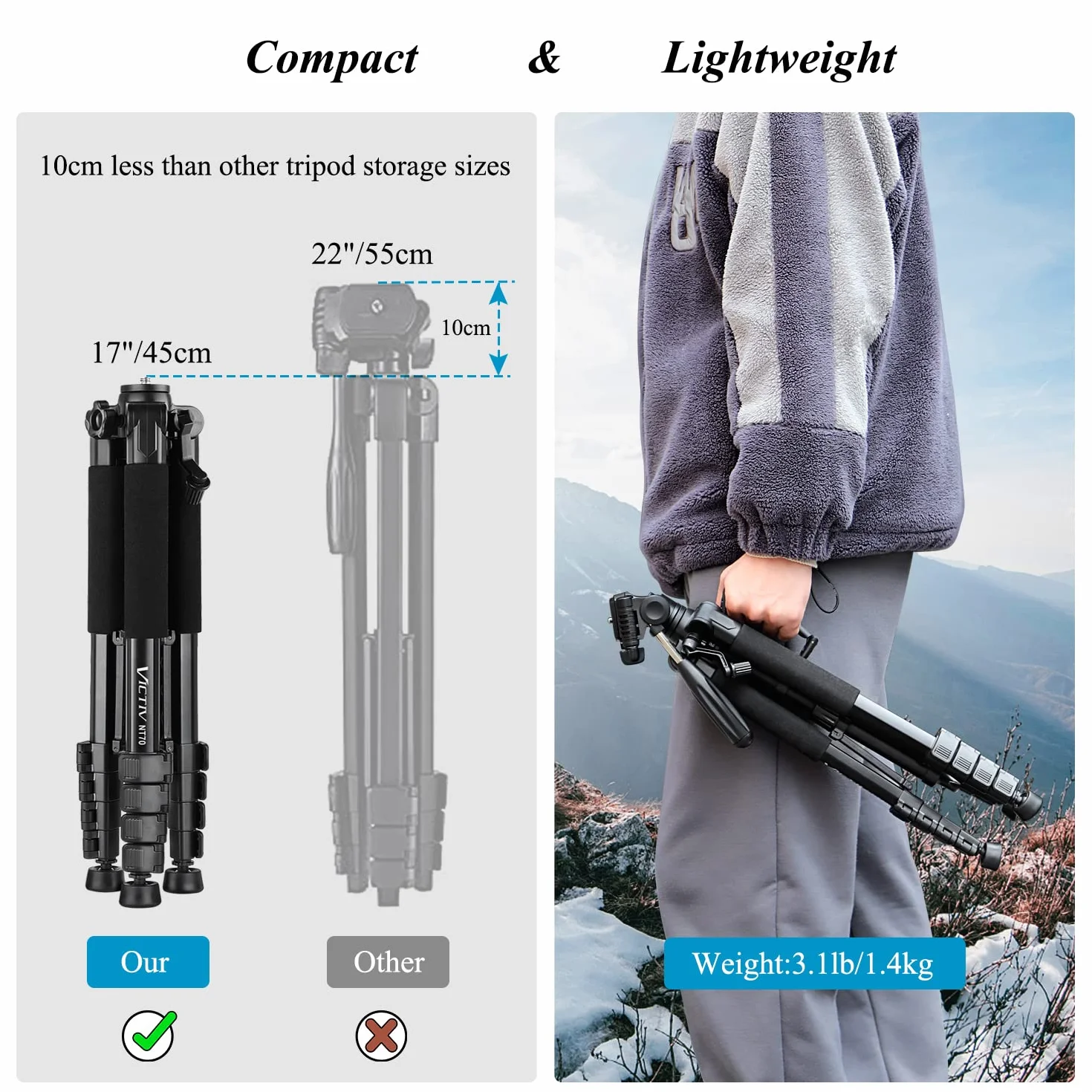 Statyw do aparatu do smartfona, Victiv 185 cm lekki statyw ze stopu aluminium, z wyjmowaną 3-drożną głowicą panelu, kompatybilny z kamerą Canon DSLR Nikon (nowy ulepszony)