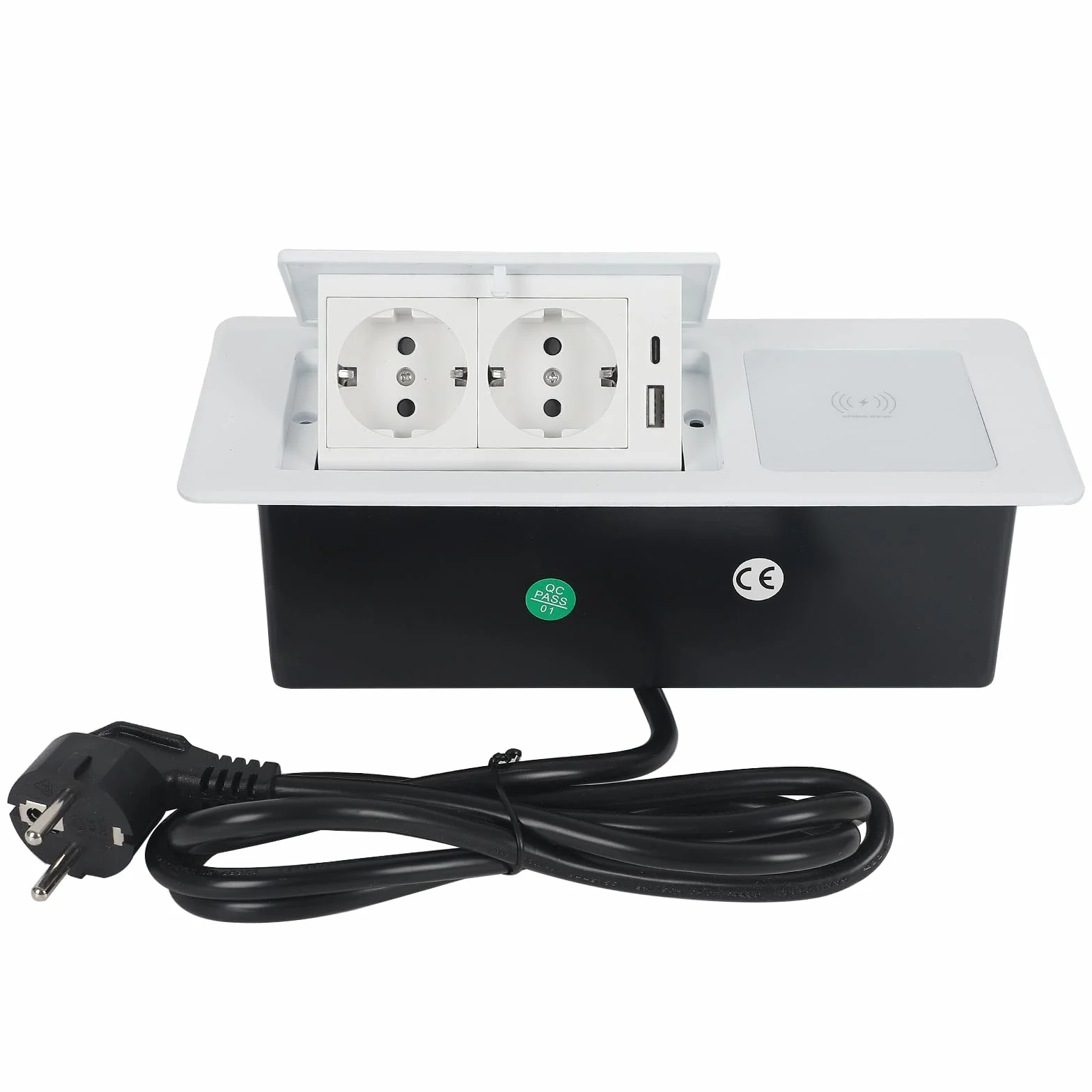 Wysuwane gniazdko elektryczne, 2 gniazda do zabudowy, z USB i bezprzewodową ładowarką 15 W, typ C, 20 W, białe gniazdko do biura, na blat roboczy