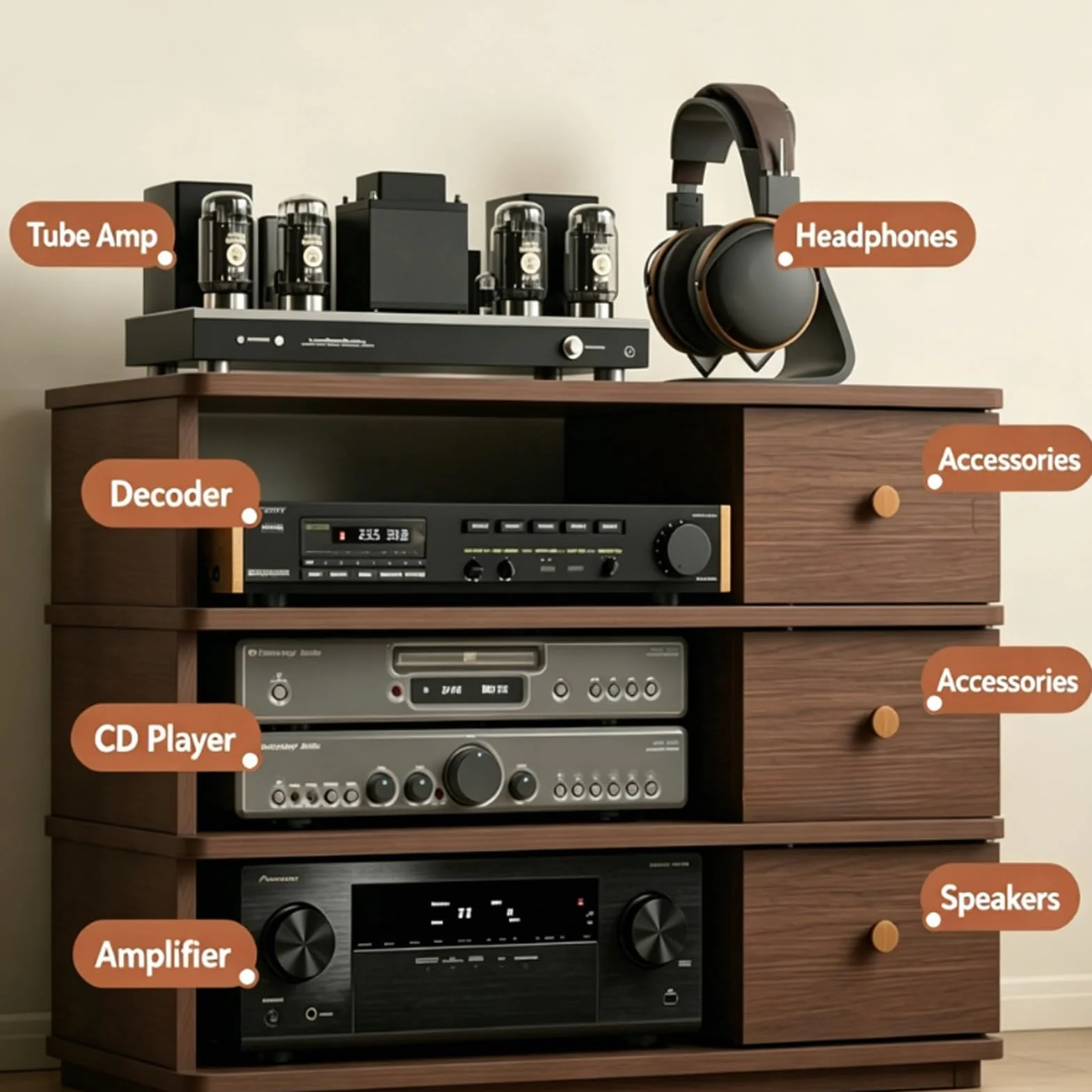 Regulowany Stojak na CD 4 Poziomy, Wielopoziomowy Organizer na Sprzęt Audio | 4-Poziomowe Rustykalne BrąZowe Rozrywki, łAtwe w MontażU, do Salonu i Sypialni(Brown)