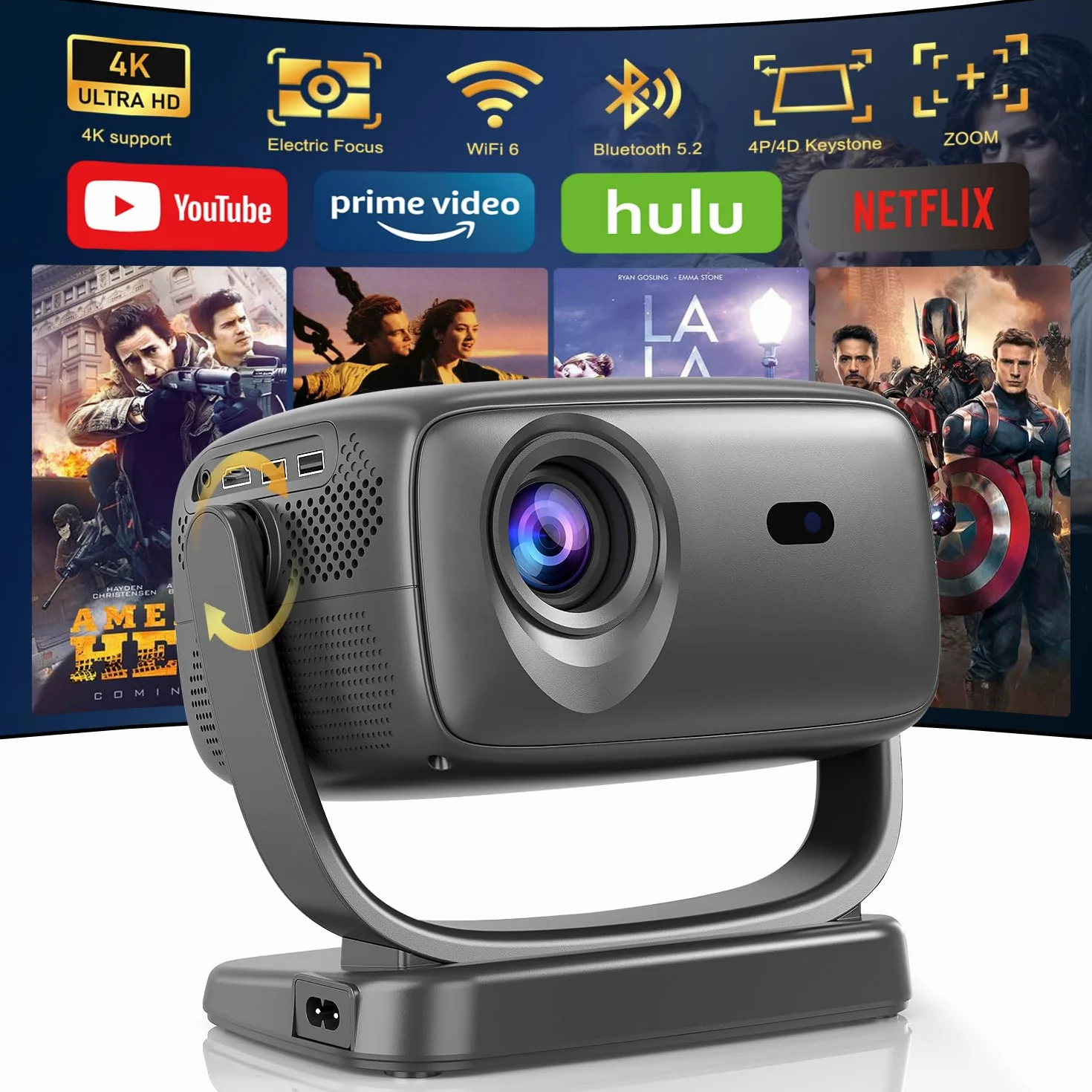 Projektor 4K, elektryczny ostrość, obrót 180°, 26000Lux projektor kina domowego z WiFi 6 i Bluetooth, zoom, korekcja trapezowa, natywny reflektor 1080P do smartfonów z systemem iOS/Android