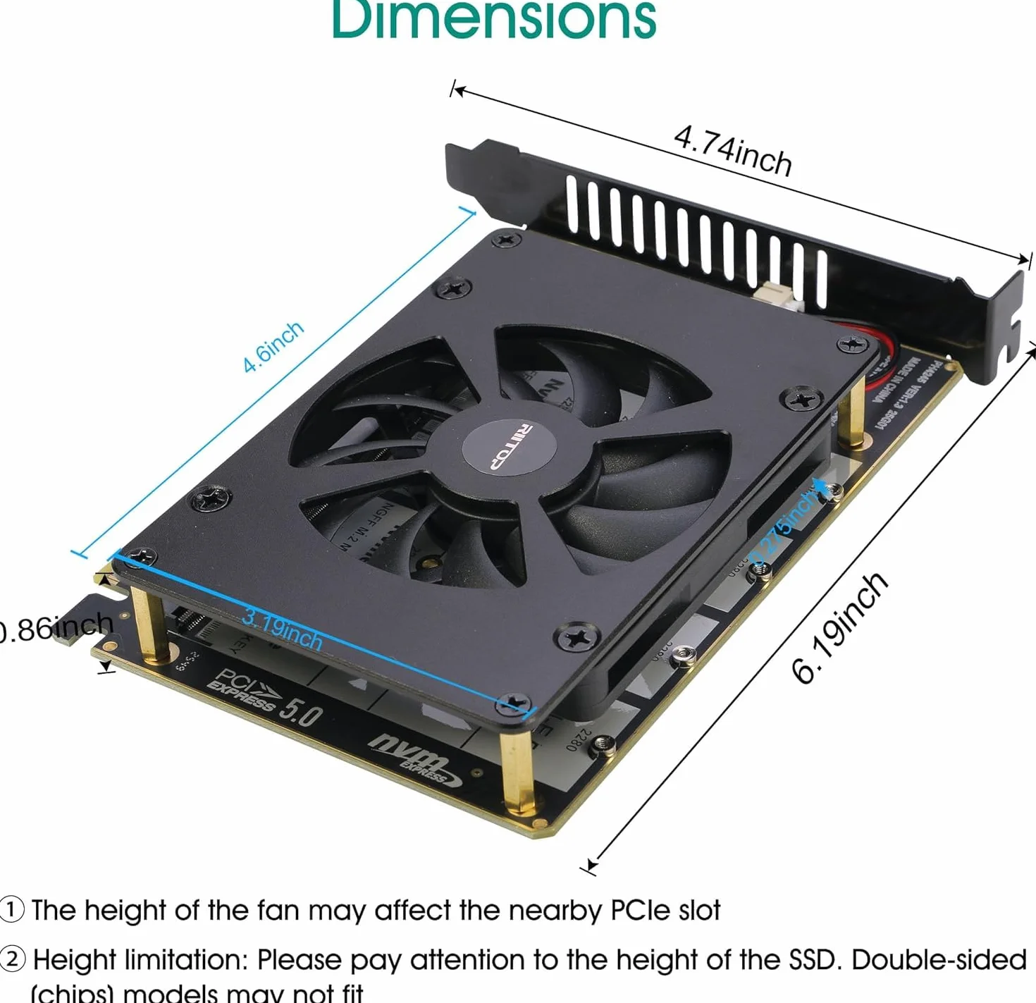 Quad NVMe PCIe 5.0 adapter z wentylatorem, RIITOP PCIe 5.0 x16 do 4X NVMe SSD (kompatybilny z płytami głównymi PCI-e Bifurkation)