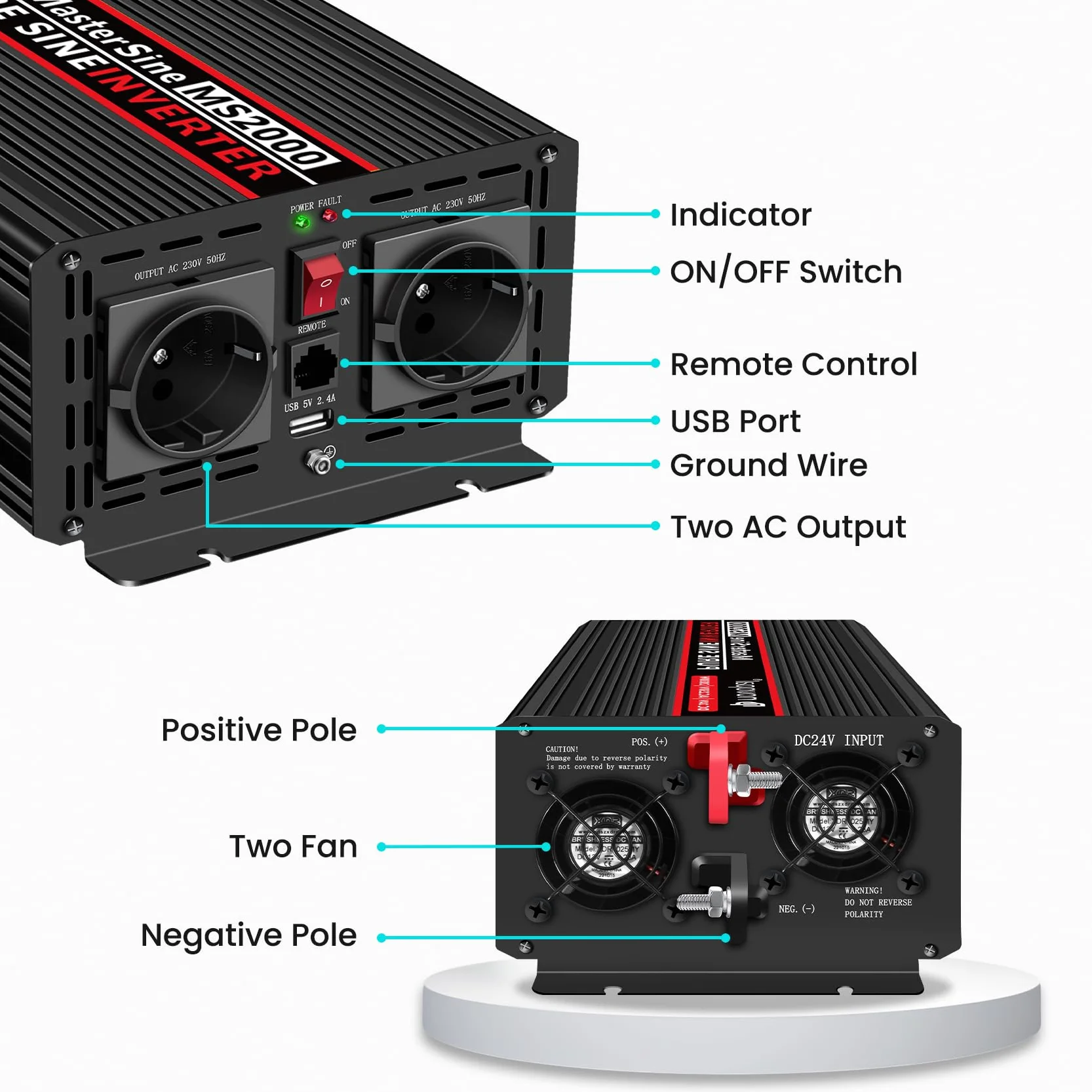NOVOPAL Przetwornica napięcia, 2000 W, 24 V na 230 V, czysta sinusoidalna przetwornica napięcia, z pilotem zdalnego sterowania 5 m i portami USB, do kampera, samochodu, na kemping