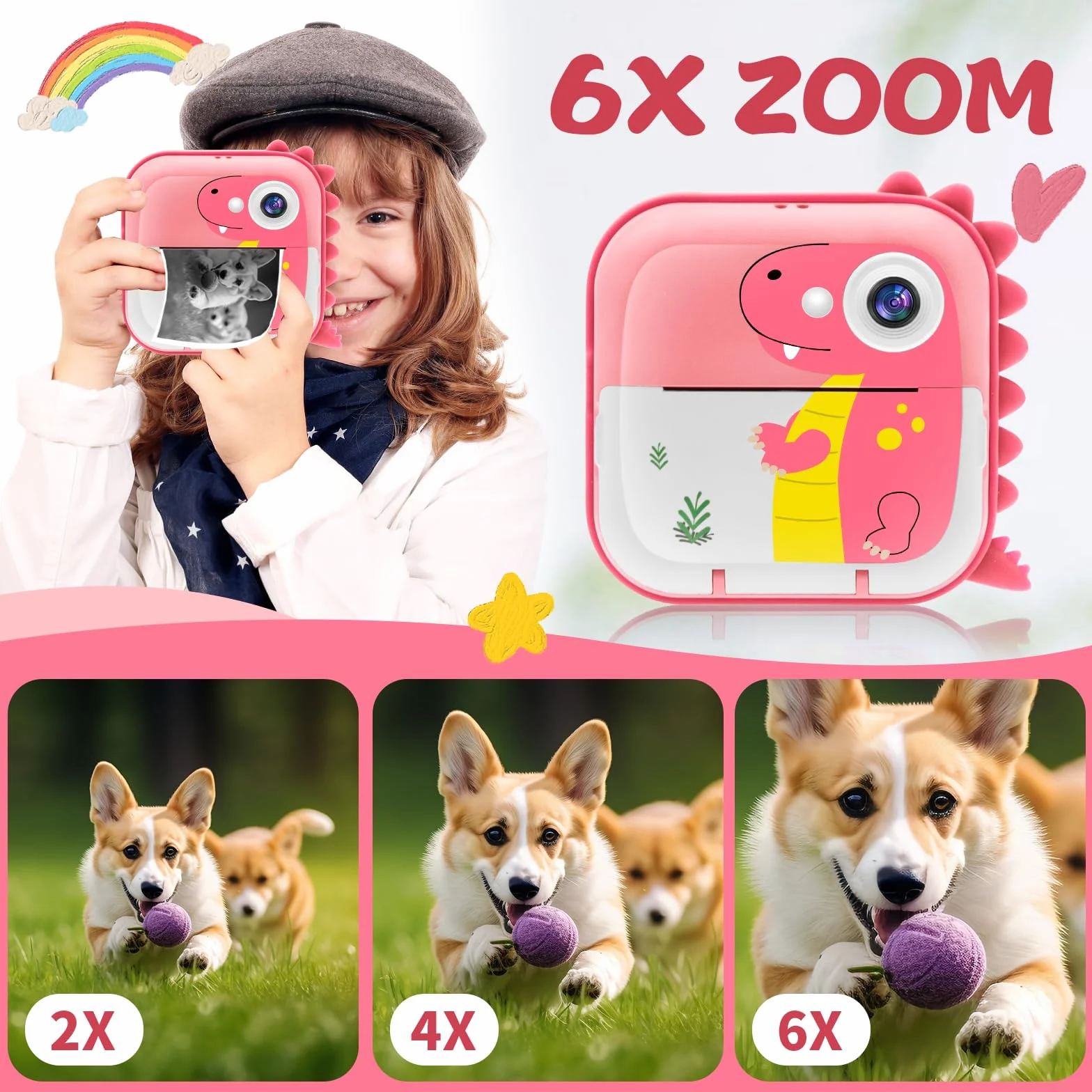 TOYOGO Kamera natychmiastowego wydruku dla dzieci, bez tuszu, 2,4-calowy ekran LCD, 1080P & 12 MP, kamera cyfrowa z funkcją powiększenia, podwójny obiektyw, karta 32 GB, papier do druku w rolkach