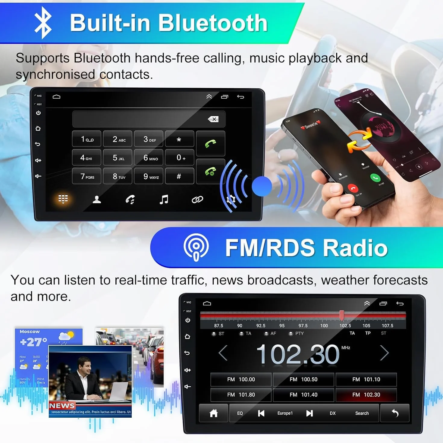 Radio samochodowe z systemem Android 14, 2 DIN, do VW CADDY 2003-2018, 2019, 2020, z bezprzewodowym Carplay, Android, podwójne radio DIN, 7 cali, ekran dotykowy z nawigacją GPS, WiFi, Bluetooth, RDS