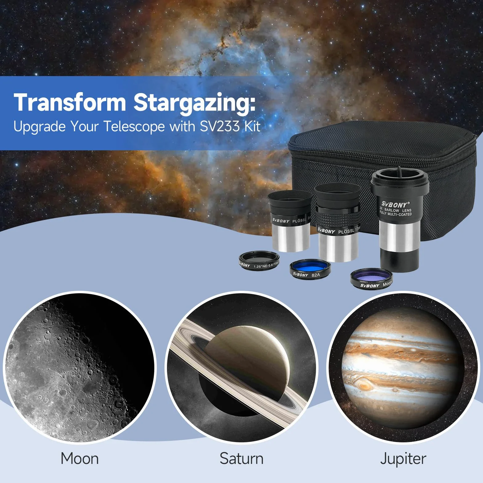 Svbony SV233 Zestaw Akcesoriów do Teleskopu Astronomicznego | Okular 6 mm, 17 mm PLOSSL, 2 Soczewki Barlowa, Filtr Księżycowy, Filtr ND4, Filtr Kolorowy 82A, z Przenośną Torbą