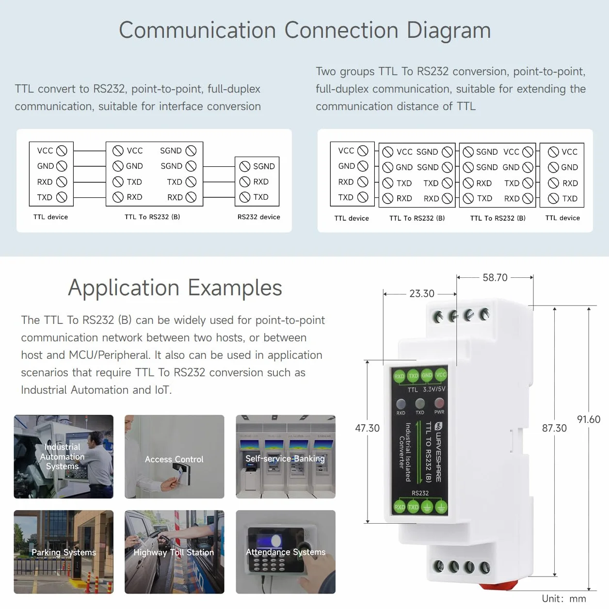 Waveshare Rail-Mount TTL To RS232 Galvanic Isolated Converter, Full-Duplex Communication, Lightningproof & Anti-Surge, Multi-Isolation Protection, TTL Serial Converter