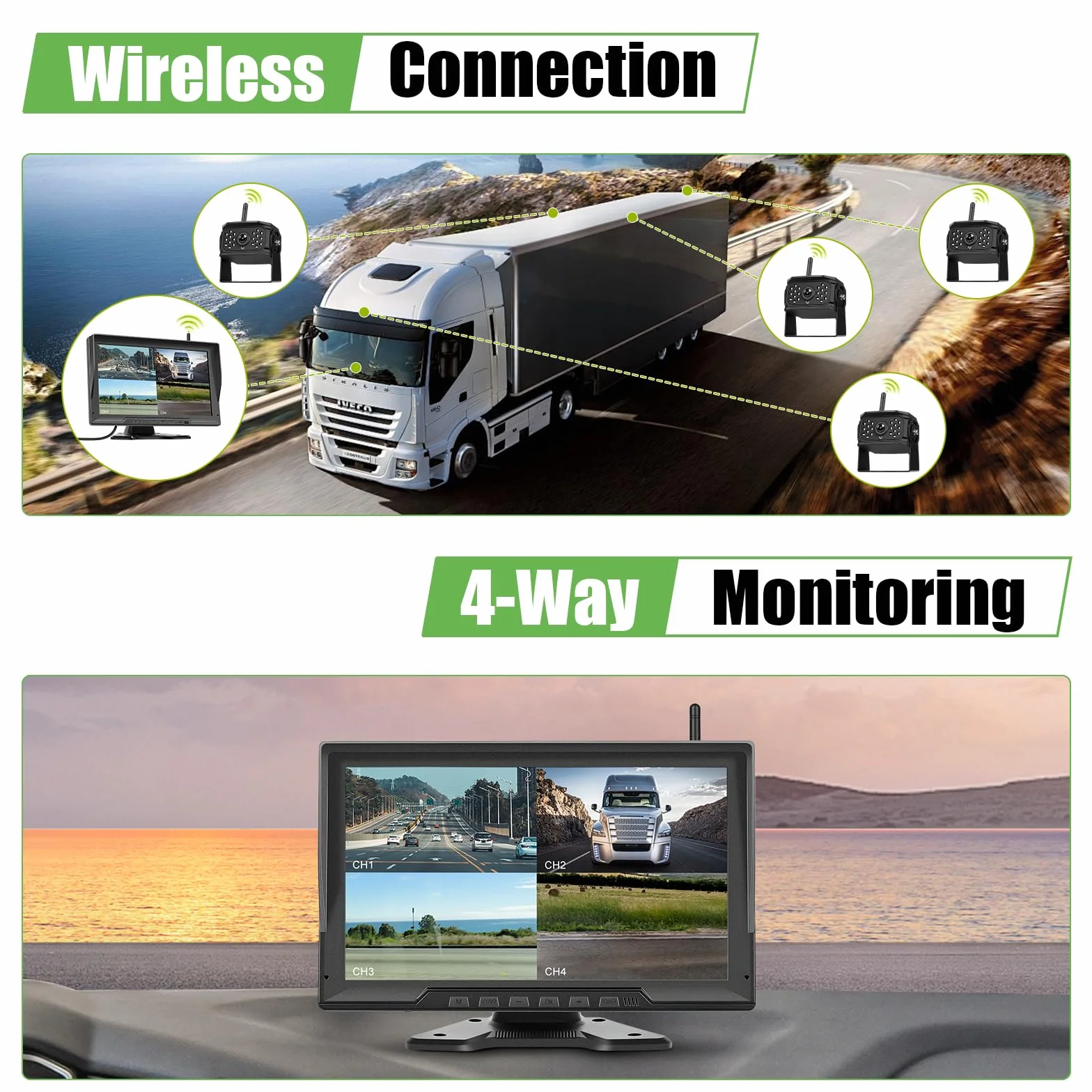 Cyfrowa bezprzewodowa kamera cofania, 4 kamery, monitor cofania 10,1 cala, IPS HD z dzielonym ekranem z funkcją nagrywania, noktowizor DVR i IP68, wodoszczelna przyczepa, ciężarówka, samochód