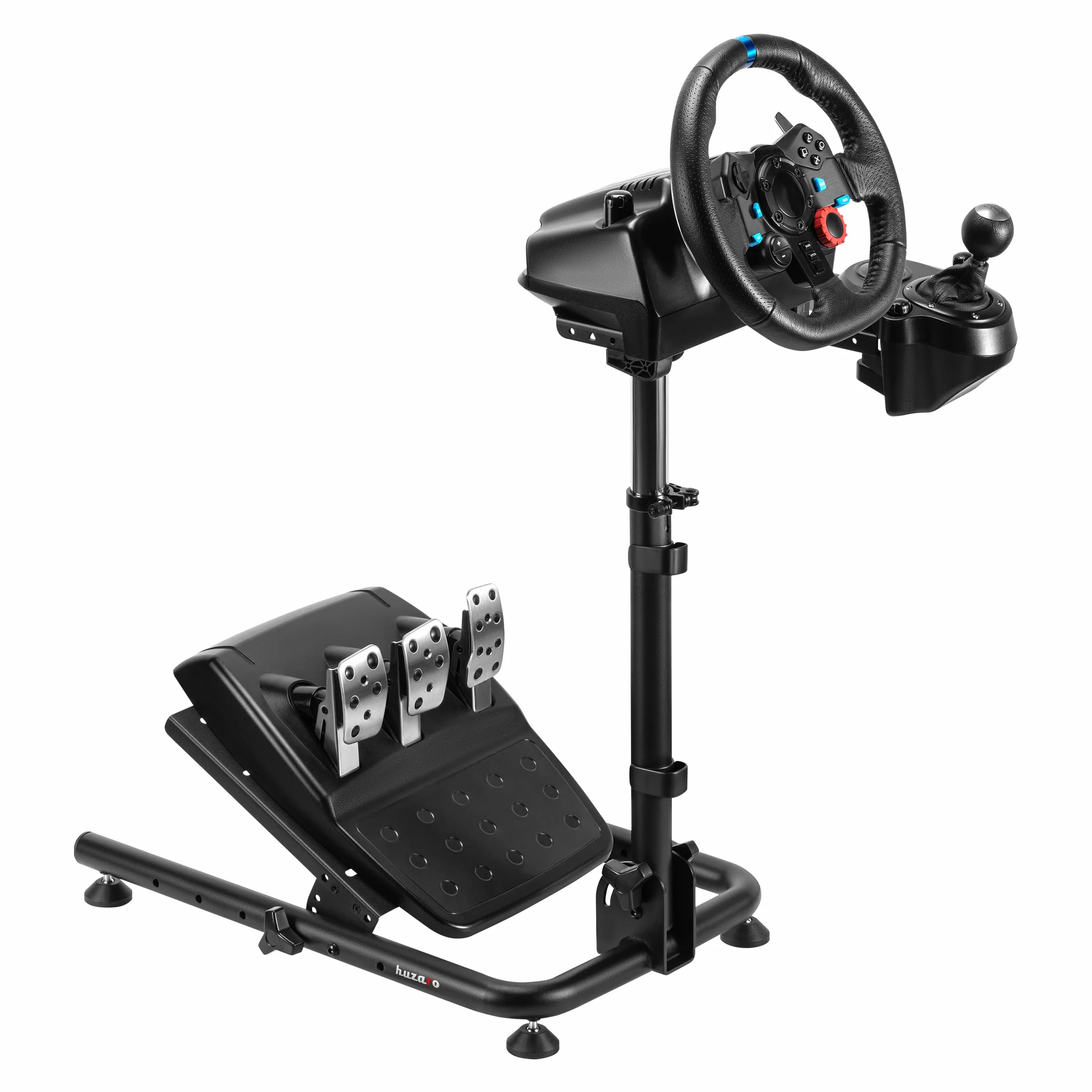 huzaro Speed 2.0, regulowany uchwyt na kierownicę wyścigową, kompatybilny z Logitech Fanatec Thrustmaster, stabilna konstrukcja stalowa, regulowana wysokość i kąt, składane, antypoślizgowe podkładki