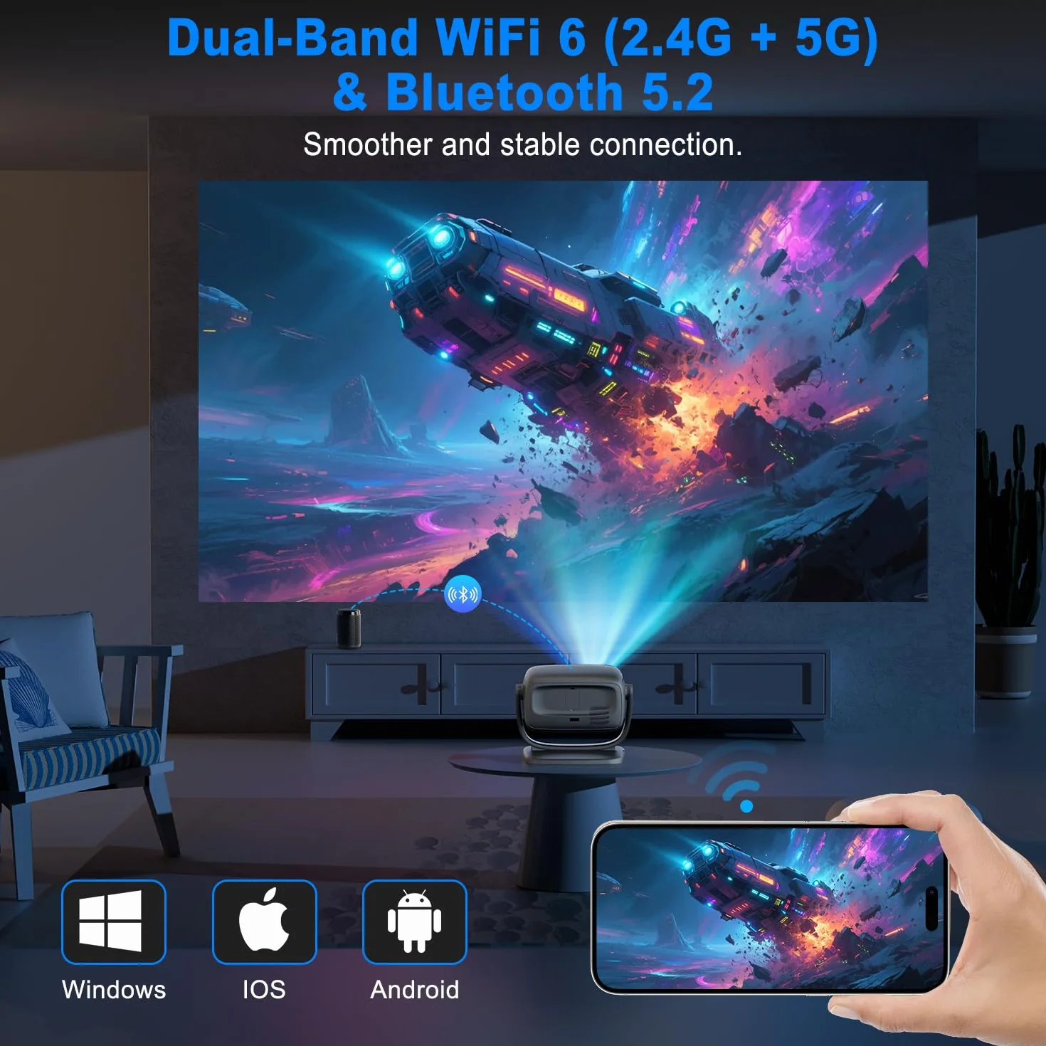 Projektor 4K, elektryczny ostrość, obrót 180°, 26000Lux projektor kina domowego z WiFi 6 i Bluetooth, zoom, korekcja trapezowa, natywny reflektor 1080P do smartfonów z systemem iOS/Android