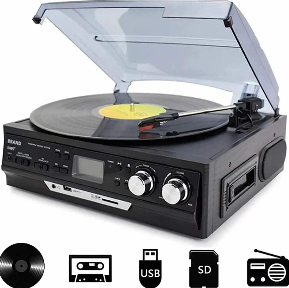 Gramofon – system retro 4 w 1 z radiem AM/FM, odtwarzaczem kasetowym, odtwarzaczem CD i dwoma głośnikami stereo do klasycznego odtwarzania muzyki
