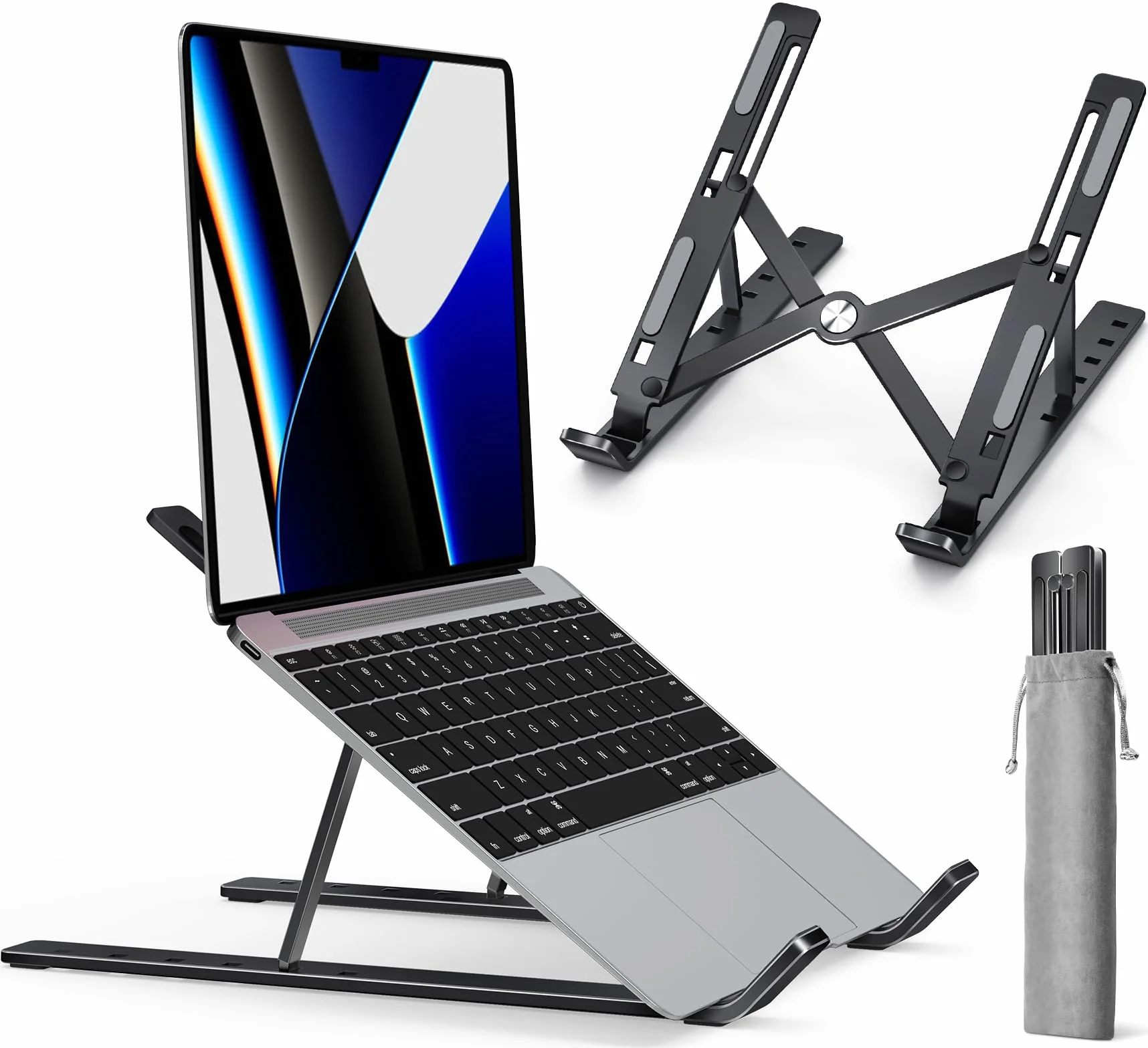 Ivoler Regulowany uchwyt na laptopa – aluminiowy ergonomiczny składany przenośny uchwyt na tablet stojak na biurko do MacBooka, Lenovo, Dell, HP, więcej laptopów 10-15,6 cala - czarny