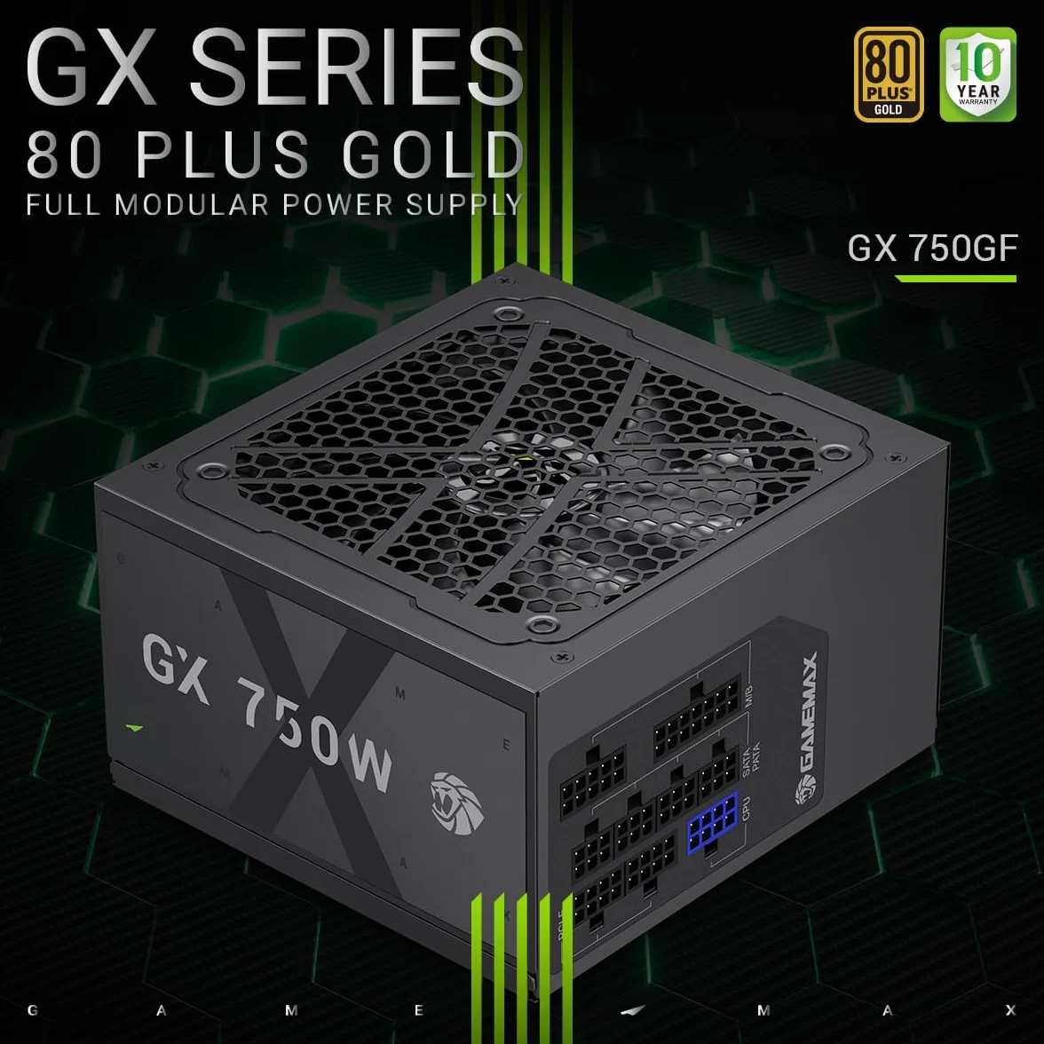 GAMEMAX GX 750GF Zasilacz PC 750W Pełnie Modułowy ATX 3.0, Wsparciem PCIe 5.0, 80 Plus Gold, Wszystkie Kondensatory Stałe, Wentylator FDB o Wymiarach 120mm, 10-Latowa Gwarancja, Czarny