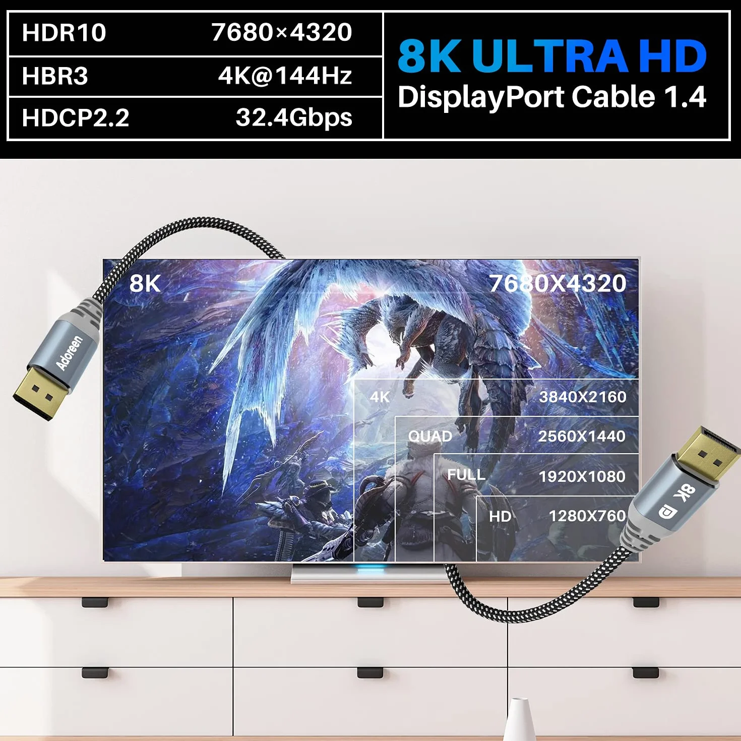 Kabel 8K DisplayPort 1.4, 30 m, kabel Adoreen DP od 1,5 do 90 m, 8K przy 60 Hz, 4K 144 Hz, 1080P przy 240 Hz, 2K, 32,4 Gb/s, HBR3 HDCP HDR, FreeSync G-Sync, pleciony port wyświetlacza do monitora 3090