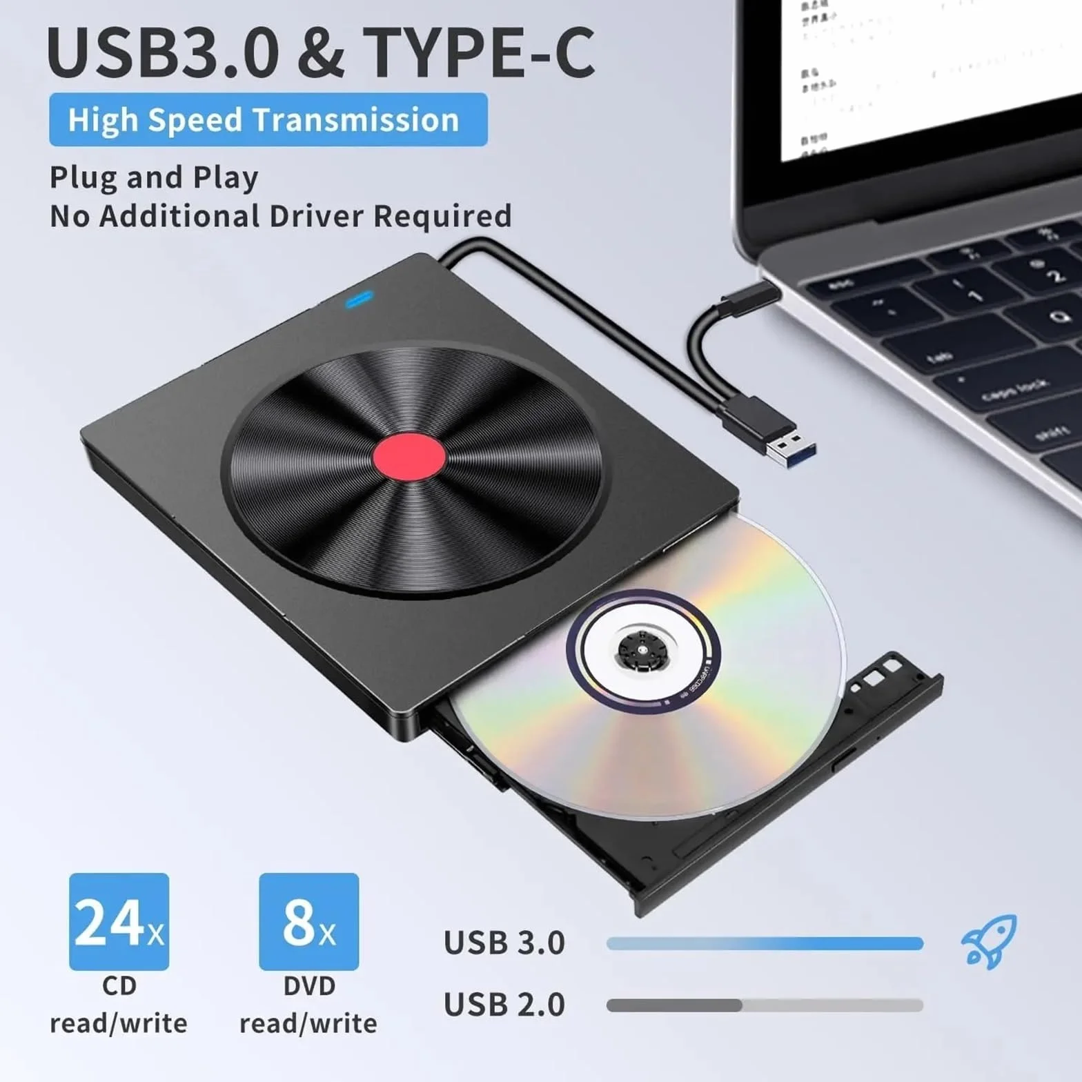 Zewnętrzny napęd Blu-ray 5 w 1, przenośny, smukły napęd optyczny USB, odtwarzacz CD DVD, nagrywarka