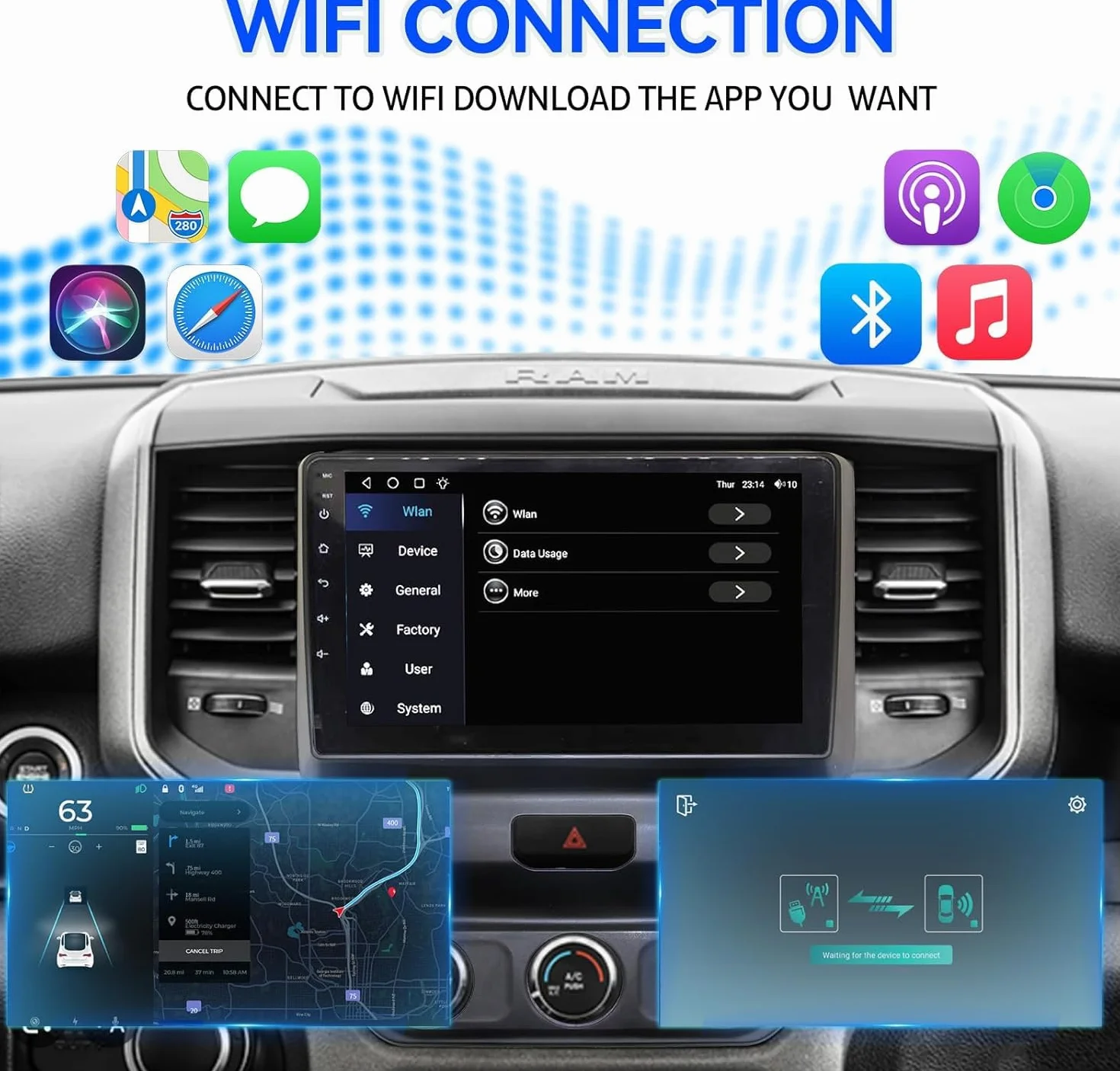 Android 15 9calowy ekran dotykowy radio samochodowe do Dodge Ram 2019-2024 | Bezprzewodowy CarPlay WiFi Bluetooth EQ Audio Android Auto AM/FM Nawigacja GPS AHD Kamera cofania mikrofon