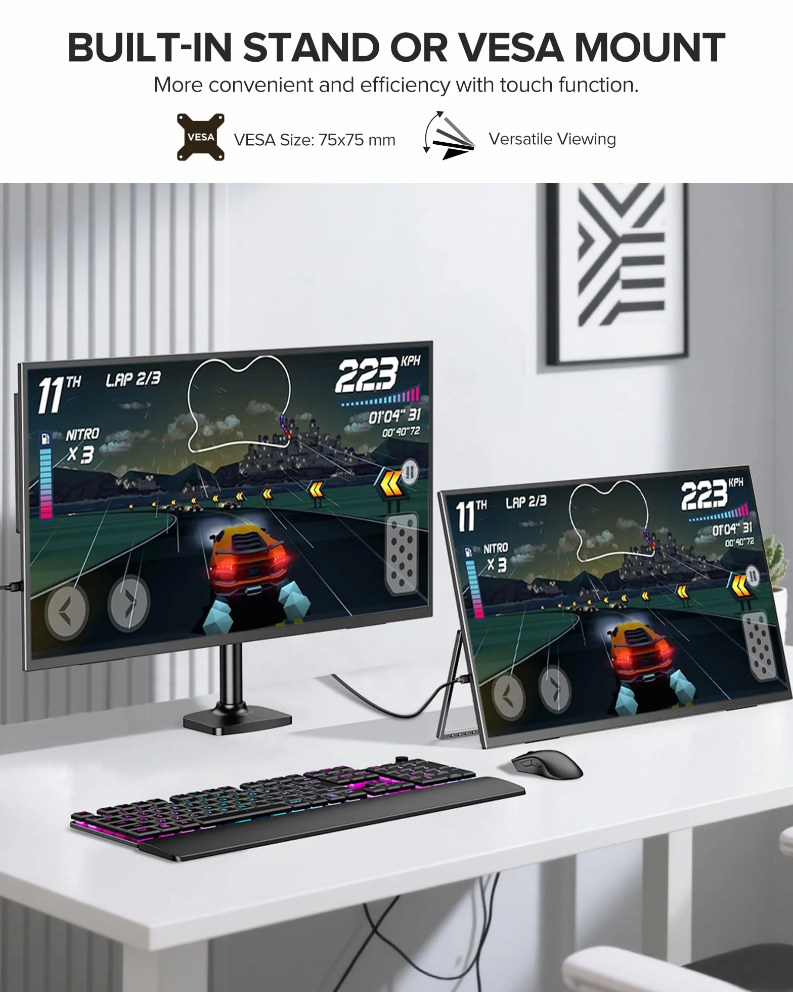 UPERFECT 23,8" 120 Hz QLED ekran dotykowy przenośny monitor gamingowy FHD 1080P 125% sRGB, duży wyświetlacz ze zintegrowanym uchwytem 180°, USB-C HDMI, do laptopa/komputera/konsoli do gier/mini PC