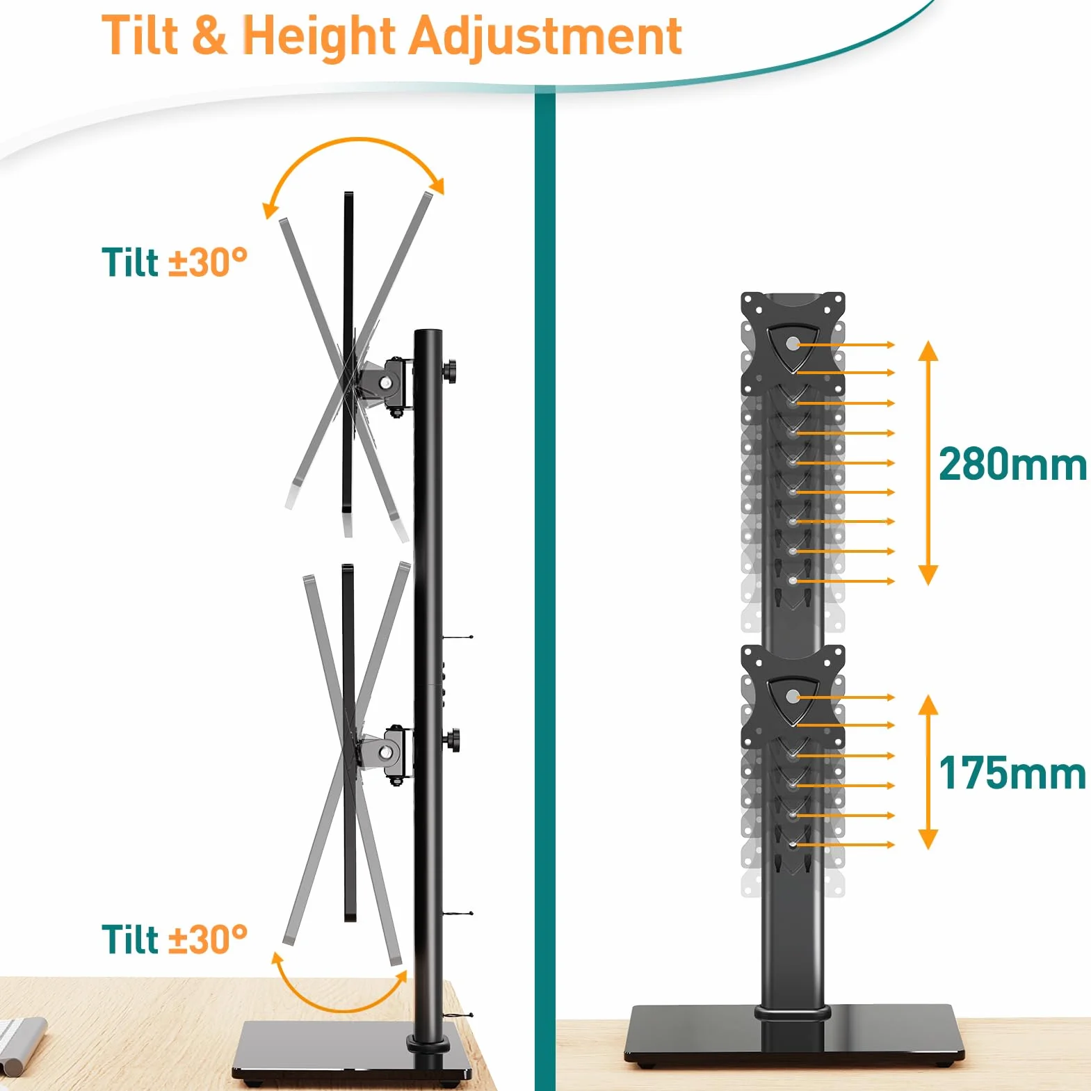ELIVED Podwójny stojak na biurko, pionowe ramię monitora wolnostojące do większości monitorów 13–32 cale z VESA 75 x 75 / 100 x 100 mm do 15 kg, obrót o 360° regulowany uchwyt na monitor PC EV2012
