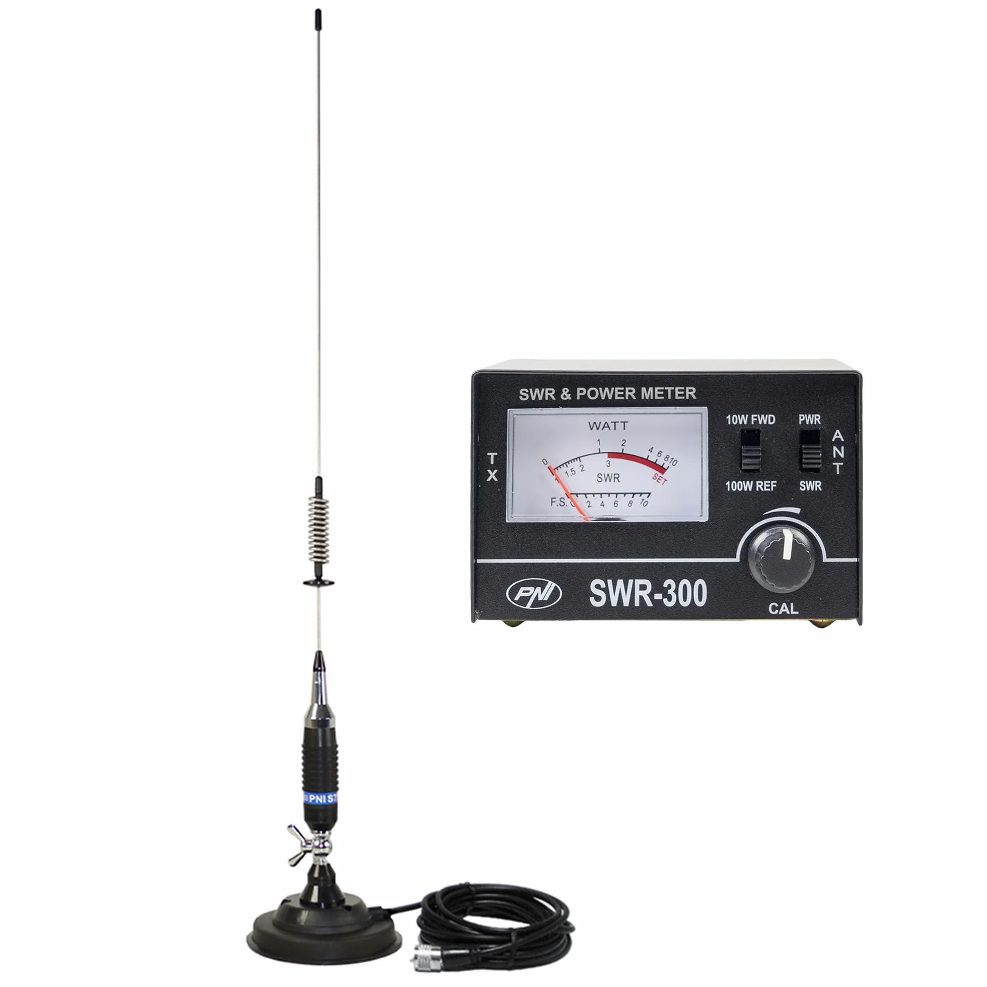 PNI S75 antena CB, 75 cm, z motylkiem, magnesem 125 mm i reflektorem PNI SWR-300 do pomiaru SWR